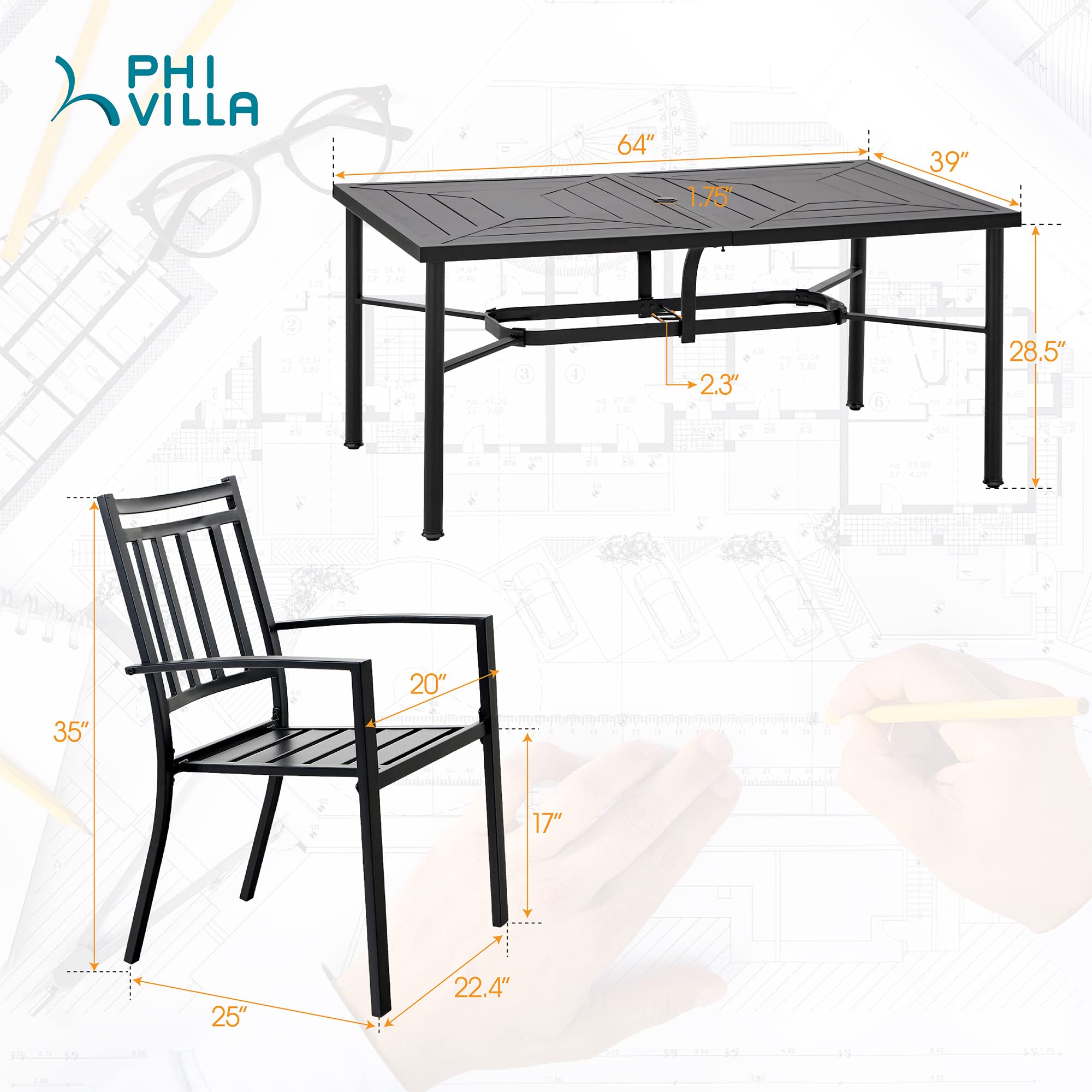 PHI VILLA 7-Piece Outdoor Dining Set - Metal Rectangle Table & 6 Stackable Bistro Chairs for Patio, Backyard, Garden - Perfect for BBQs, Poolside Gatherings & Outdoor Entertaining