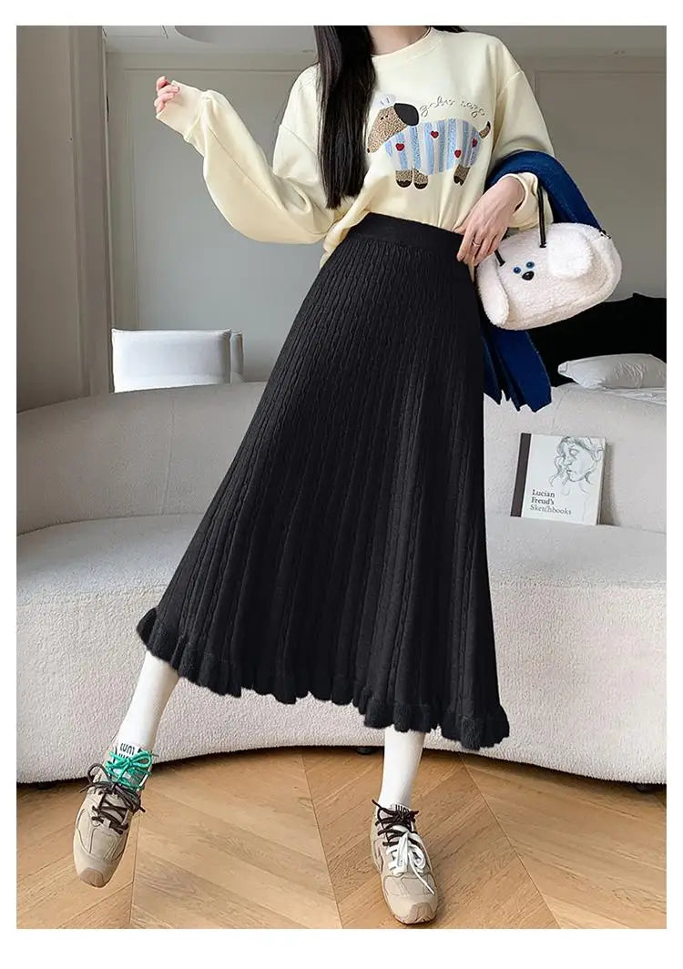 Women's High Waist Knitted Pleated Long Skirt - Black & White Elegant Fall Winter Fashion for Vacation, Office & Casual Wear