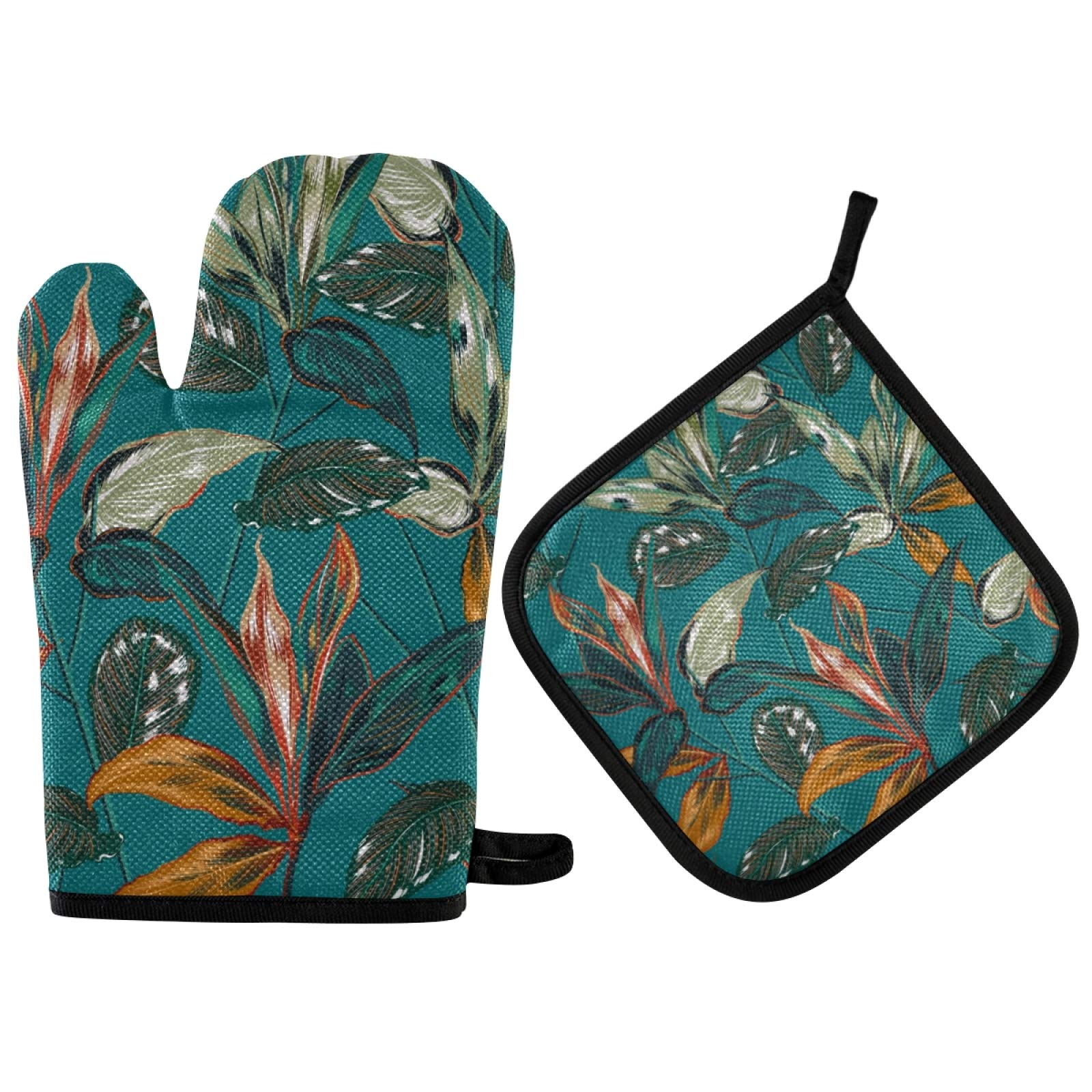 Emelivor Heat Resistant Oven Mitts and Pot Holders Set - Tropical Leaves & Flowers Design, Non-Slip Kitchen Mittens for Cooking, Baking, Grilling - Perfect for Home Kitchen, BBQ, and Holiday Cooking