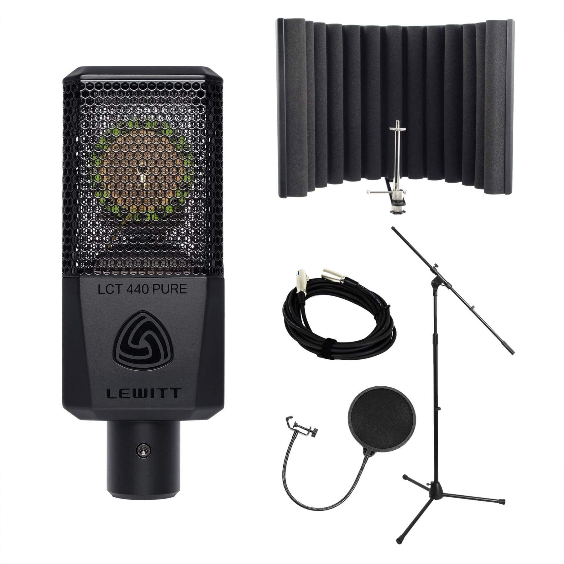 Lewitt LCT-440 Pure Condenser Microphone Bundle with sE Electronics RF-X Reflection Filter, Pop Filter, Mic Stand & XLR Cable - Professional Studio Recording for Podcasting, Voice Overs & Music Production