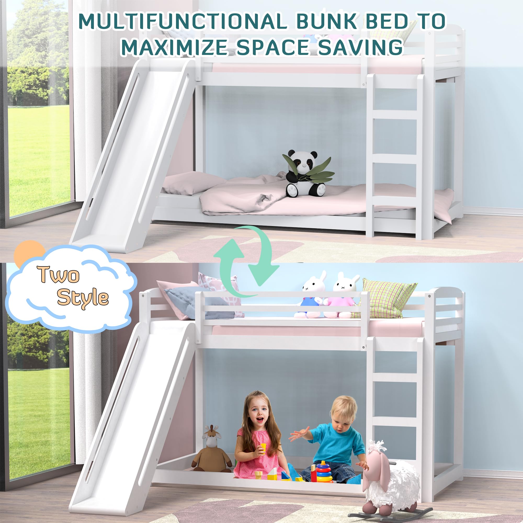 Solid Wood Twin Over Twin Bunk Bed with Ladder & Safety Rail - Low Profile Kids Bunk Bed Frame for Boys, Girls, Teens - Perfect for Bedrooms, Apartments, Dorm Rooms - No Box Spring Needed - Space-Saving Sleep Solution for Siblings or Sleepovers