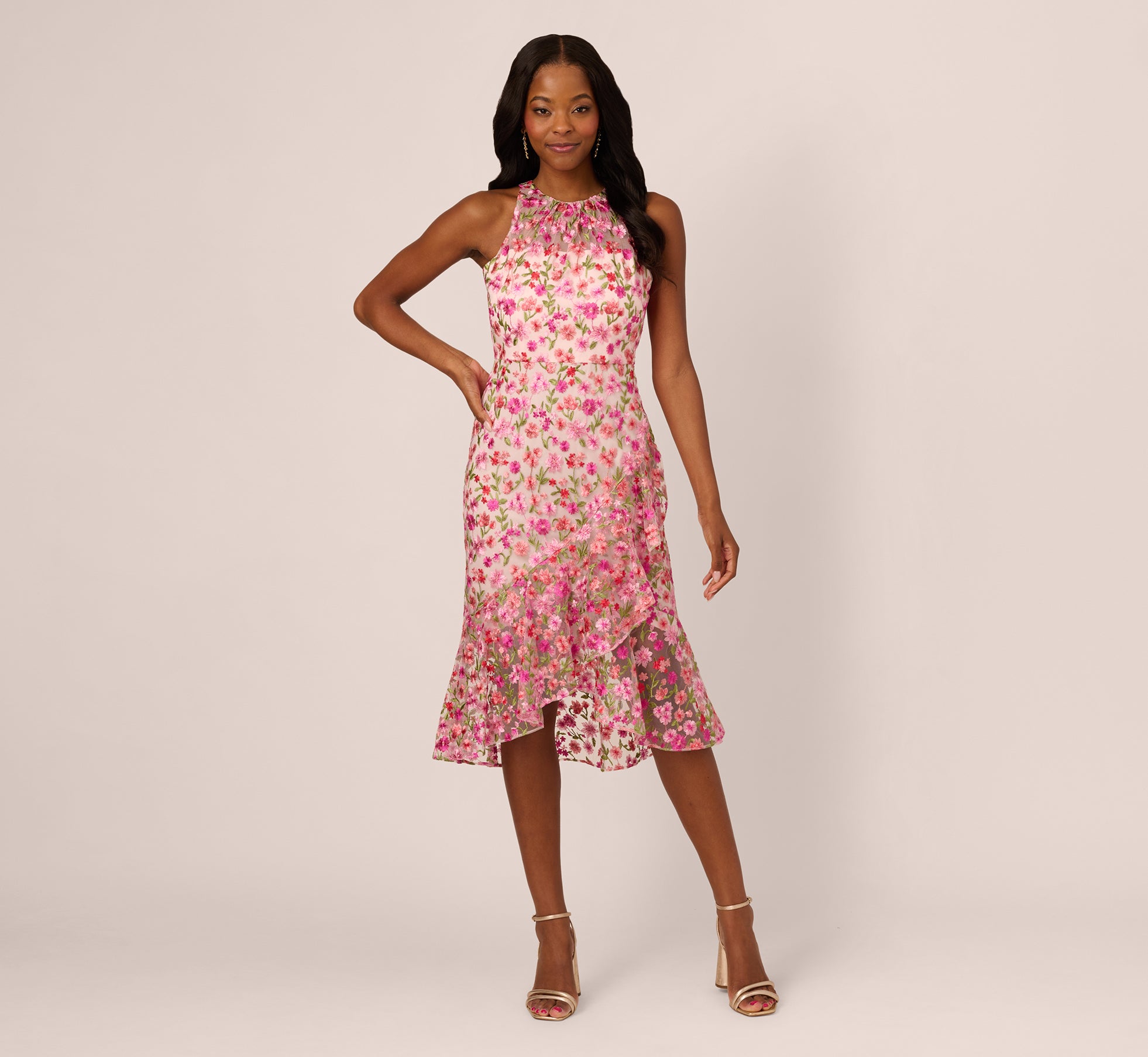 Floral Embroidered Flounce Halter Dress in Pink Multi - Elegant Summer Beach Wedding Guest Dress for Women