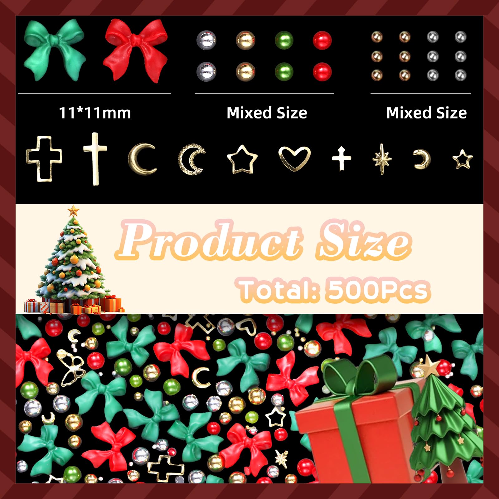 3D Red Bow Nail Charms & Pearls - Silver Gold Nail Caviar Beads, Star Moon Rivet Gems for DIY Nail Art Design | Perfect for Manicures, Salon Nail Decorations & Gift Giving