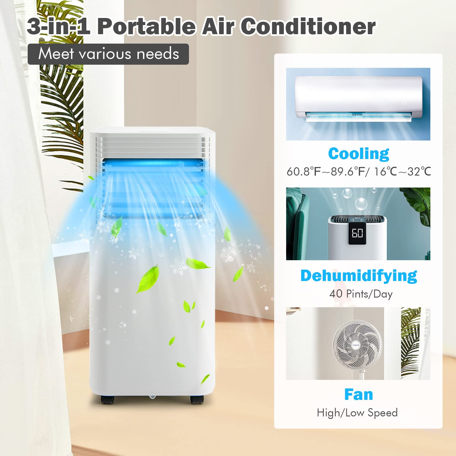 PETSITE 8000 BTU Portable Air Conditioner - 3-in-1 Cooling Unit with Fan, Dehumidifier & Air Cooler for Rooms Up to 230 sq.ft | Perfect for Bedrooms, Offices & Small Apartments