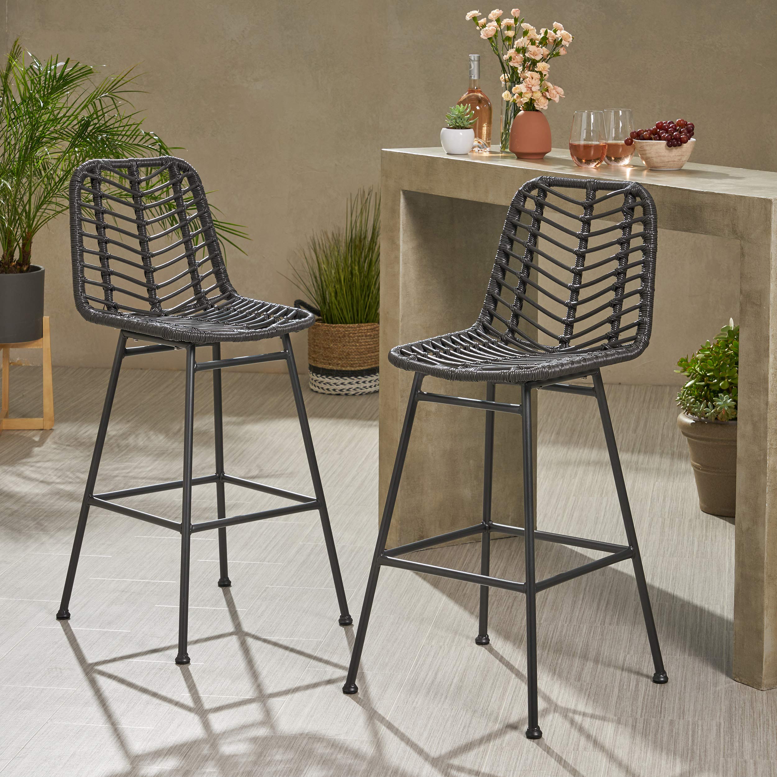 Premium Outdoor Wicker Bar Stools Set of 2 - Gray & Black Weather-Resistant Patio Furniture for Backyard, Poolside & Garden Seating