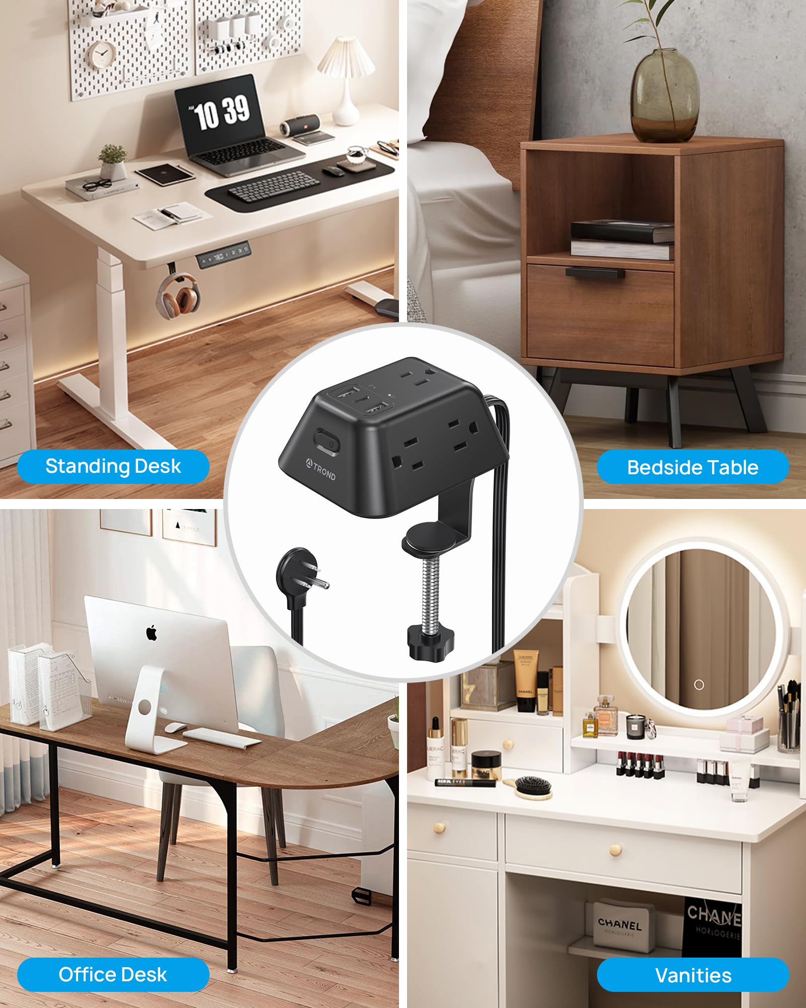 Desk Clamp Power Strip with 5 AC Outlets & 3 USB Ports - Surge Protector Charging Station for Home Office & Gaming - 10FT Extension Cord Fits 1.97in Tabletop Edge - Perfect for Computer Desks, Workstations & Gaming Setups
