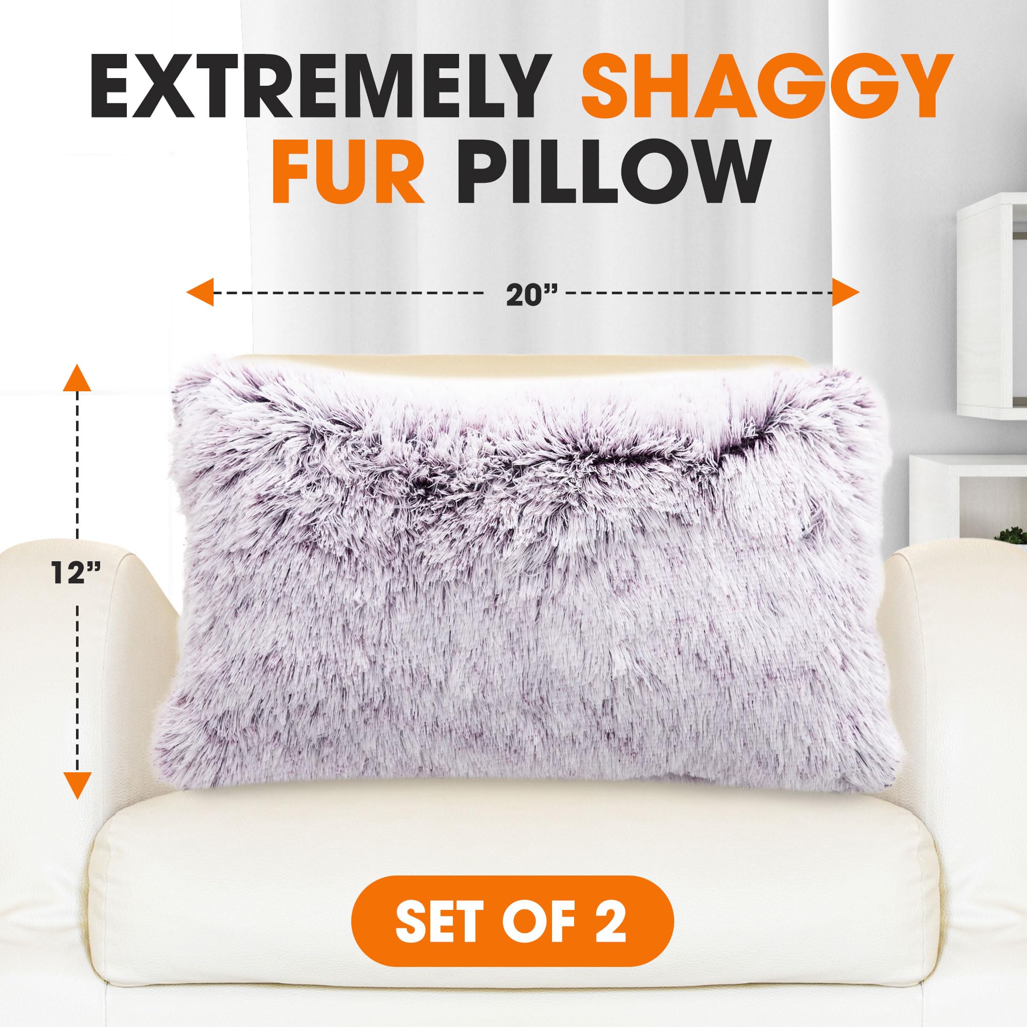 Soft Shaggy Throw Pillows for Couch & Bed - 12x20 Inch Cozy Long Hair Faux Fur Decorative Pillows with Inserts Included (Set of 2, Purple) - Perfect for Living Room, Bedroom & Home Decor