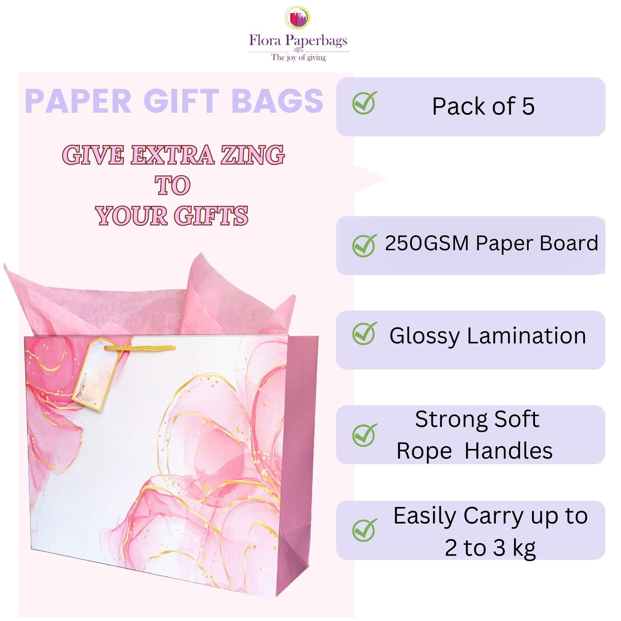 Premium Ombre Pink Gift Bags - 30x23x9cm Large Wedding & Birthday Party Favor Bags - Pack of 5 Eco-Friendly Paper Gift Bags for Return Gifts, Bridal Showers, Baby Showers & Special Occasions