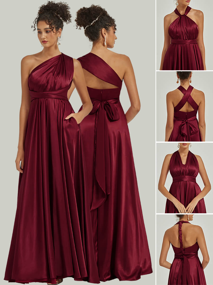 Burgundy Satin Convertible Bridesmaid Dress - Multi-Way Wrap A-Line Gown for Weddings, Parties & Formal Events