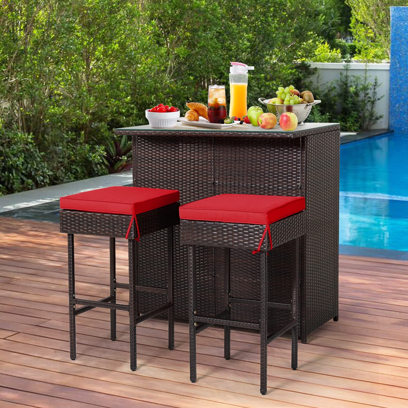 RELAX4FLIE 3-Piece Outdoor Bar Set - Patio Wicker Bar Height Table with 2 Cushioned Stools, 2 Open Shelves & Tempered Glass Table Top - Rattan Bar Table Set for Poolside, Garden, Backyard & Outdoor Entertaining (Red)