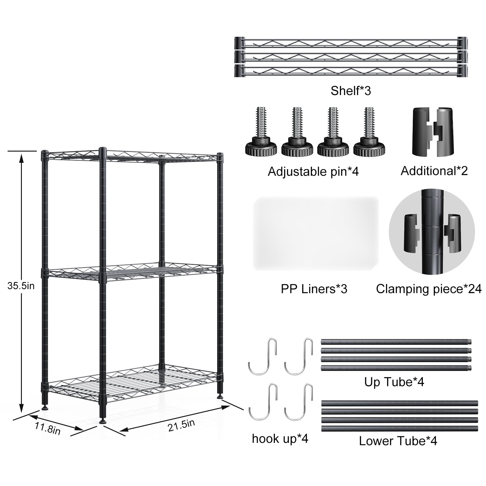 3-Tier Adjustable Metal Wire Shelving Unit - 11.8