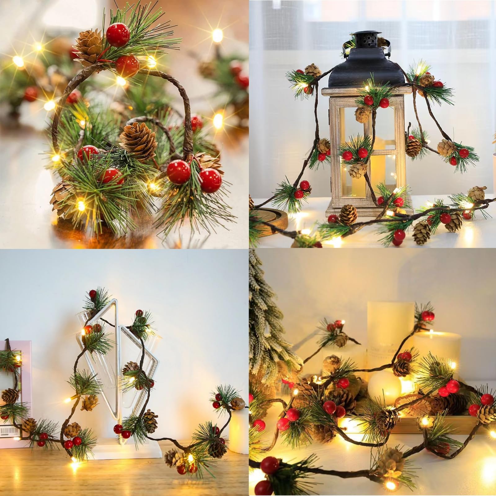 Christmas Garland with Lights - 6.5FT Red Berry Pine Cone Garland with 20 LED Battery Operated String Lights for Fireplace Mantel, Indoor Xmas Decorations | Perfect for Holiday Home Decor, Christmas Tree Accents & Festive Party Decorating