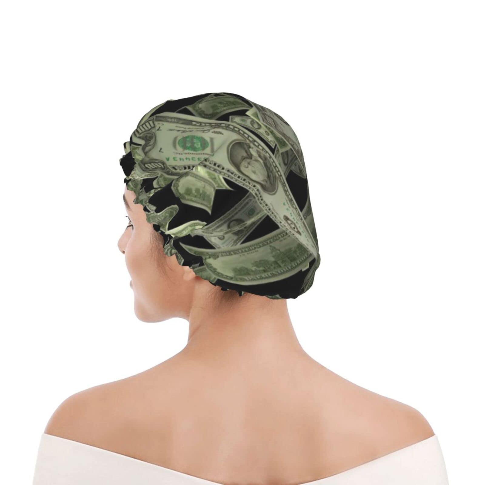 Waterproof Reusable Shower Cap for Women - Dollar Sign Money Print Bath Hair Cap | Double Layer Protection for Shower, Bathing & Spa