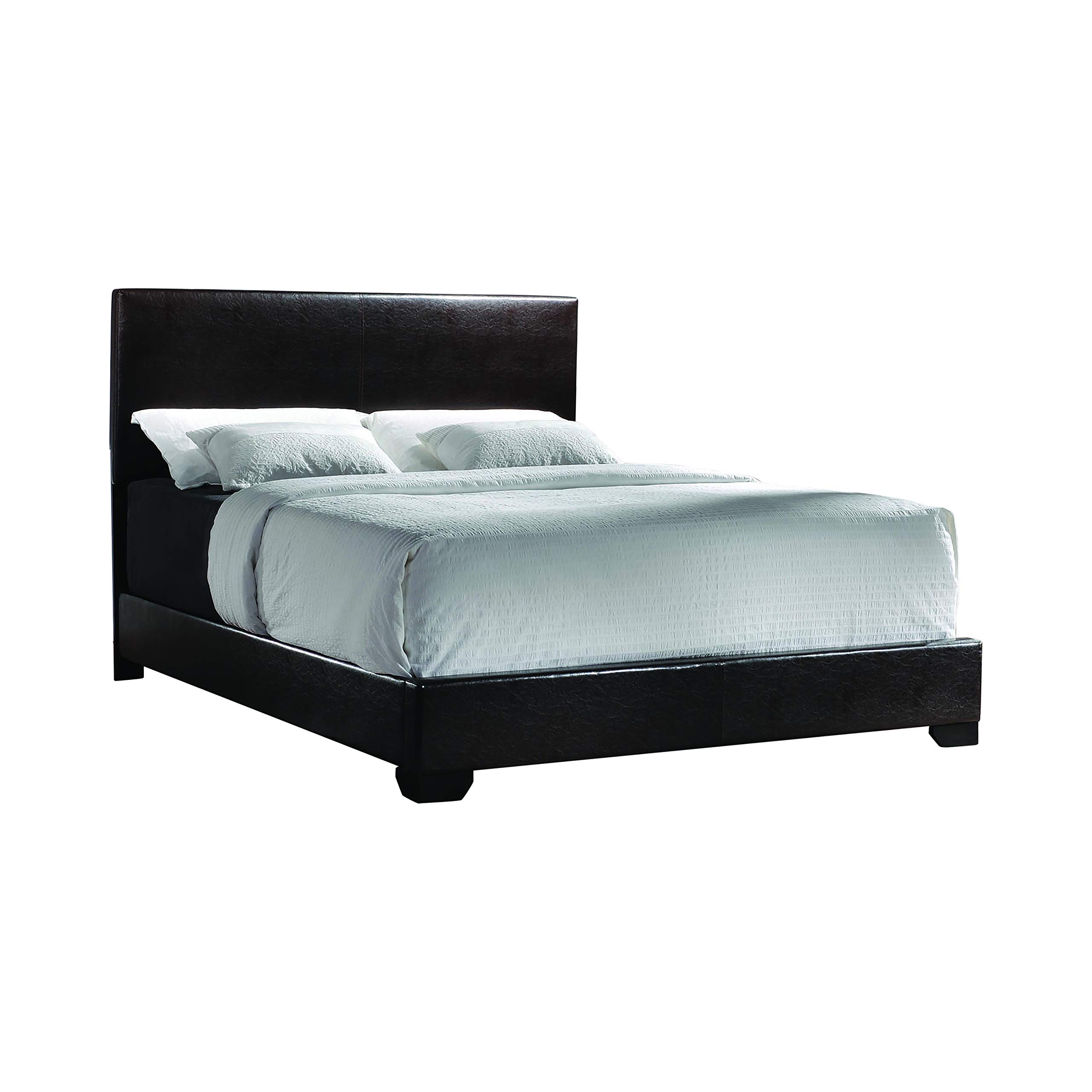 Benjara Full Size Wooden Bed Frame with Leatherette Upholstery & Bracket Feet Support - Brown Queen Bed for Master Bedroom, Guest Room & Dormitory