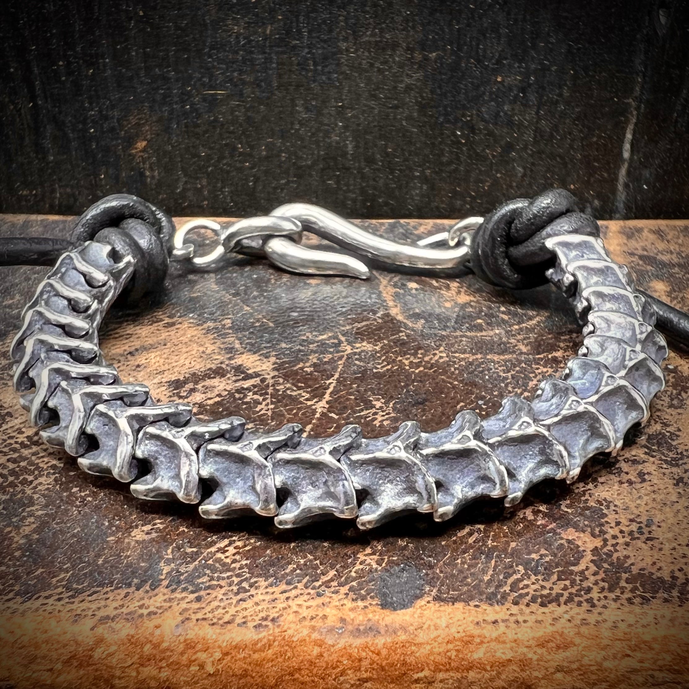 Sterling Silver Vertebrae Leather Bracelet for Women - Adjustable Gothic Punk Jewelry - Perfect for Halloween, Parties & Everyday Wear