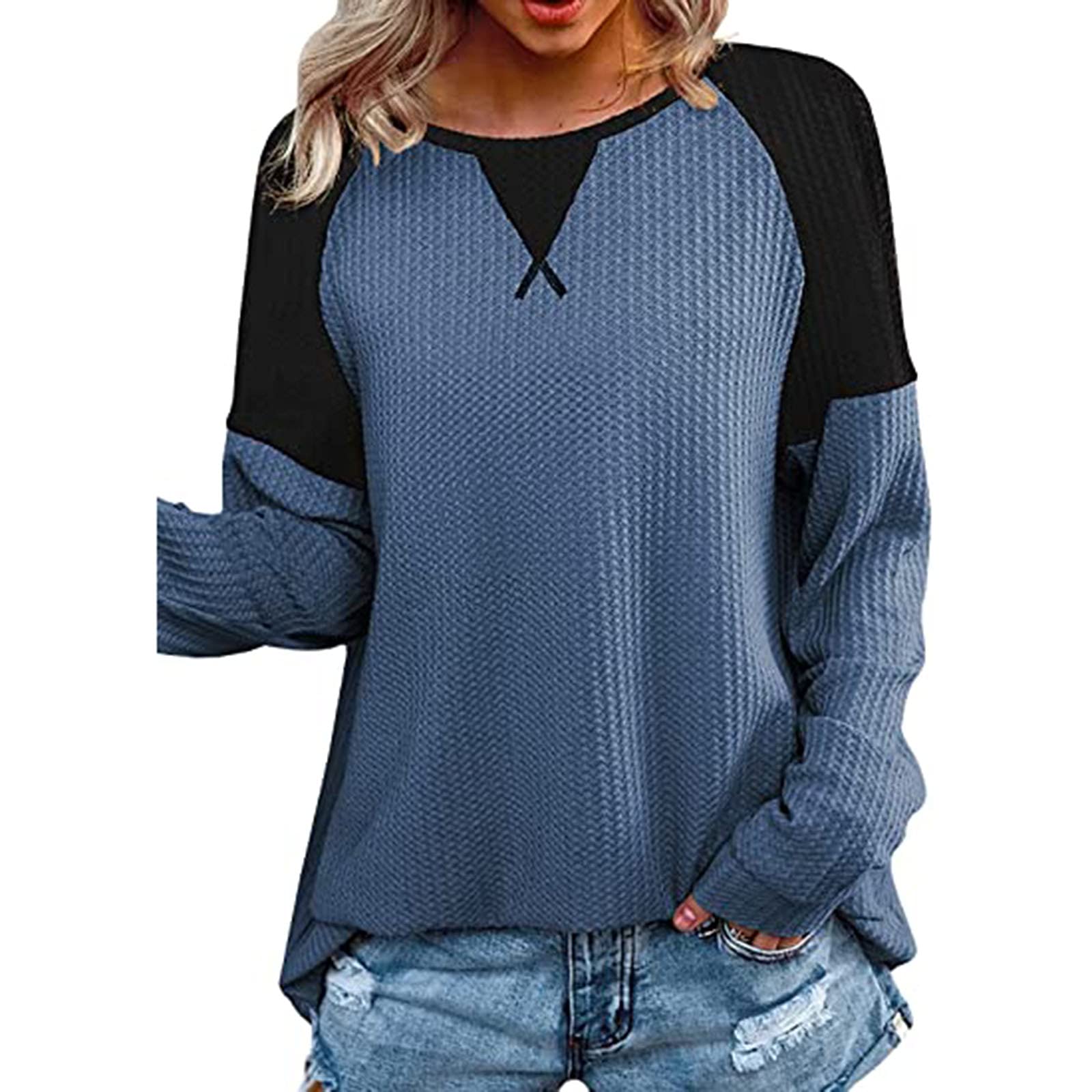 Women's Color Block Stitched Pullover Waffle Knit Tunic Top - Loose Fit Crew Neck Long Sleeve Casual Sweatshirt | Perfect for Fall Layering, Weekend Outfits & Cozy Lounge Wear