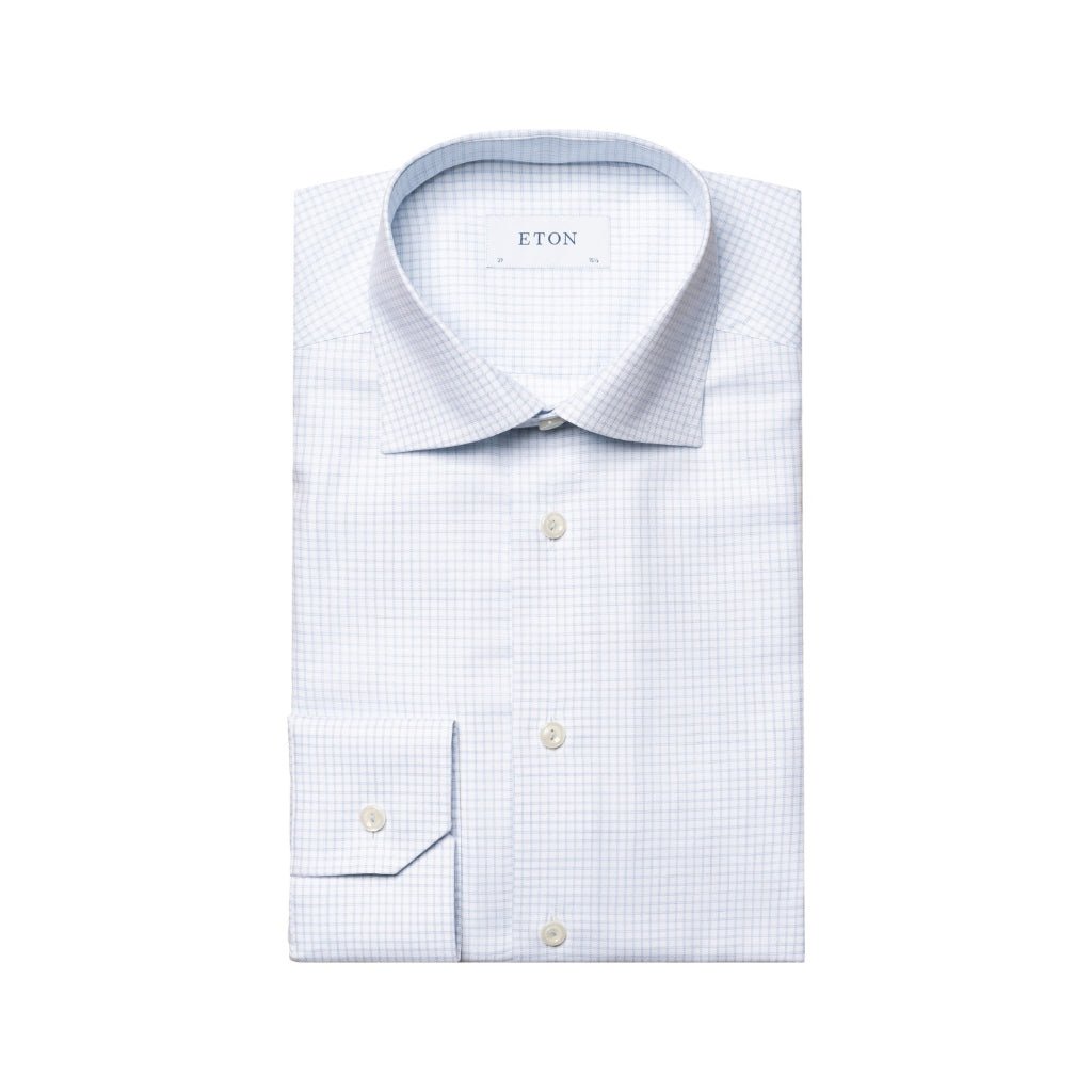 ETON Men's Classic Fit Check Cotton Tencel Dress Shirt with Single Cuff - Light Blue | Business Casual & Office Wear | Breathable & Comfortable for Work & Formal Occasions