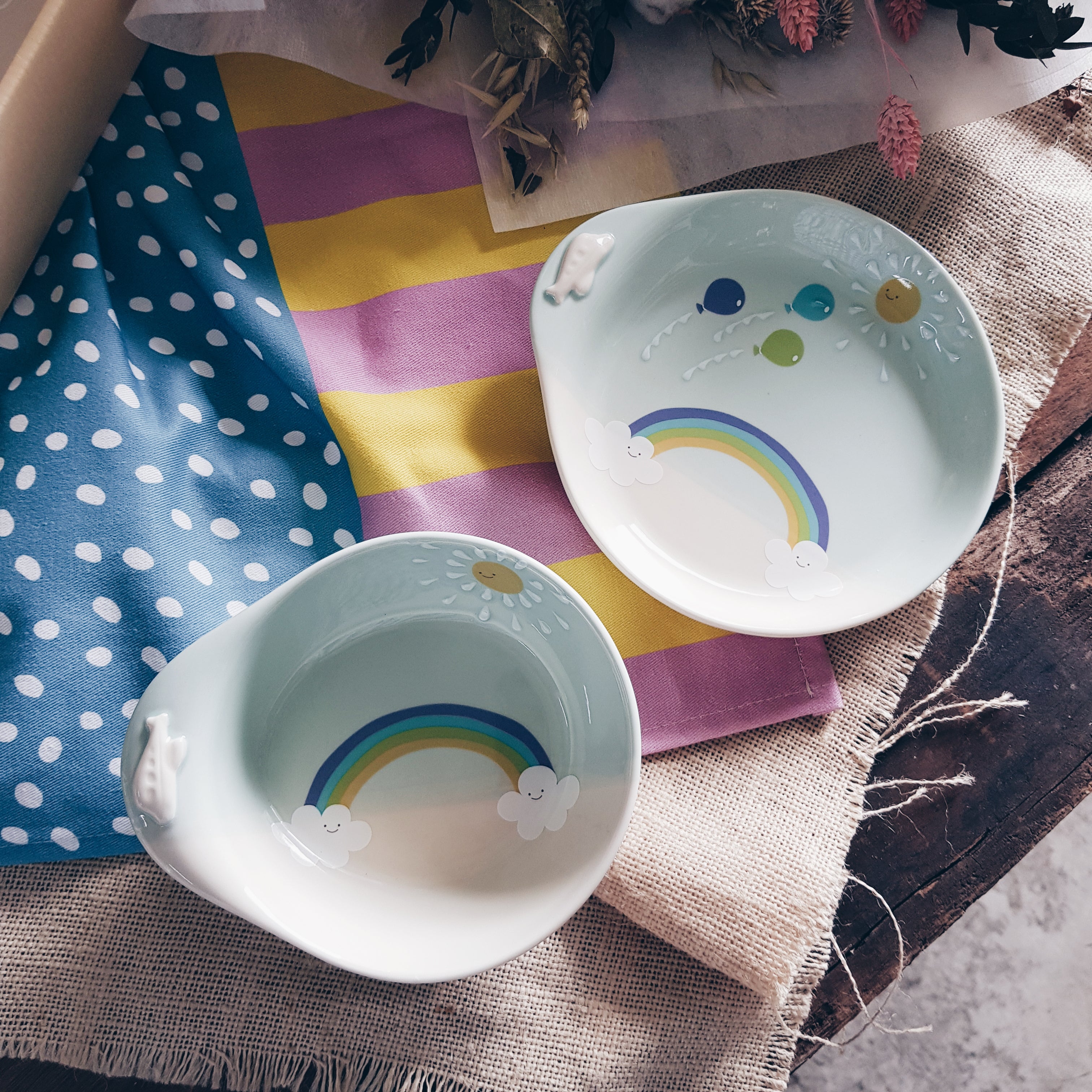 Chikudouen x Lovera Blue Balloon Kids Dinnerware Set - 4-Piece Children's Tableware Gift for Birthday & Holidays (Plates, Bowls, Cups & Utensils) - Perfect for Parties, Daily Meals & Special Occasions
