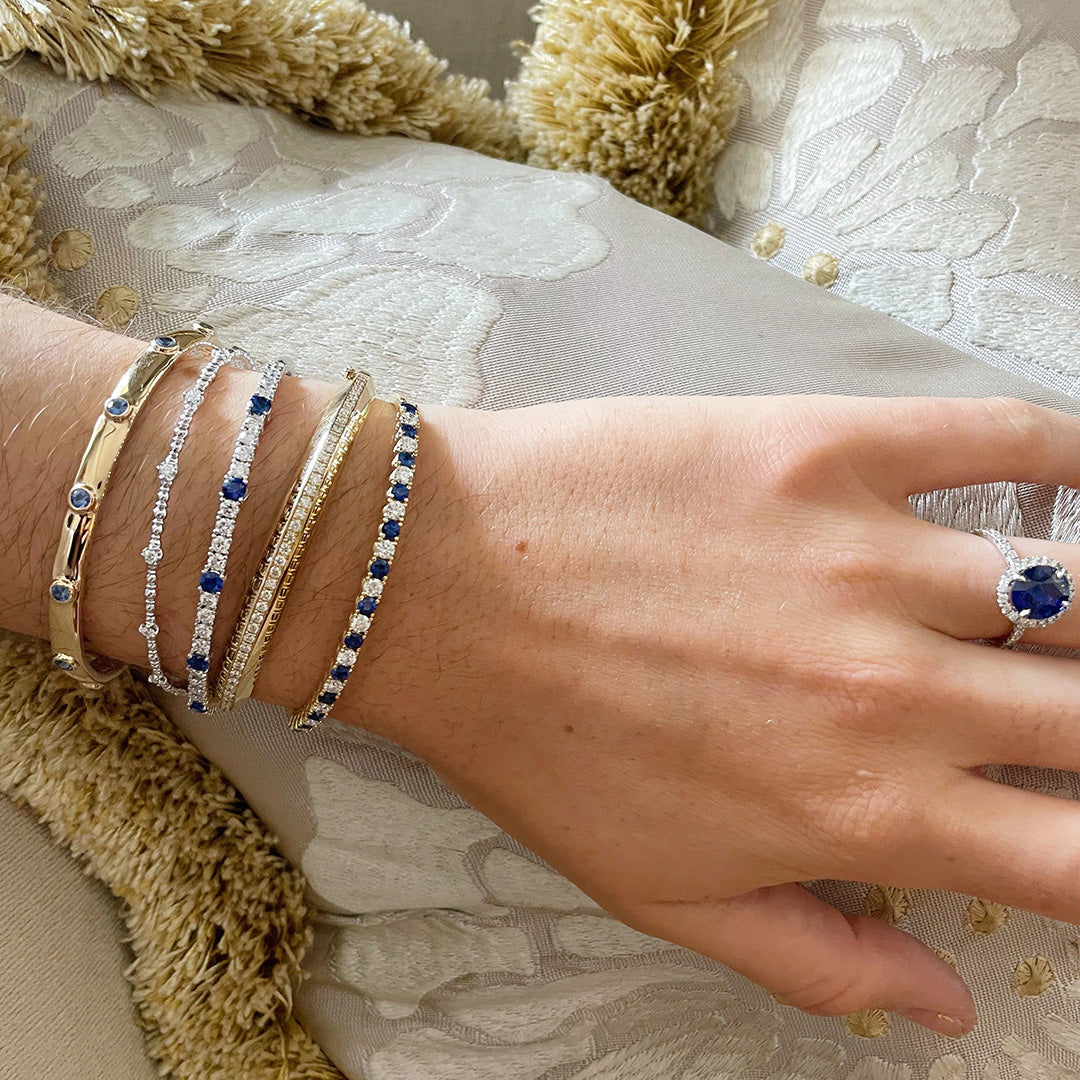 Exquisite 18K Yellow Gold Sapphire & Diamond Flexible Cuff Bangle Bracelet - Elegant Jewelry for Women, Perfect for Weddings, Anniversaries & Special Occasions