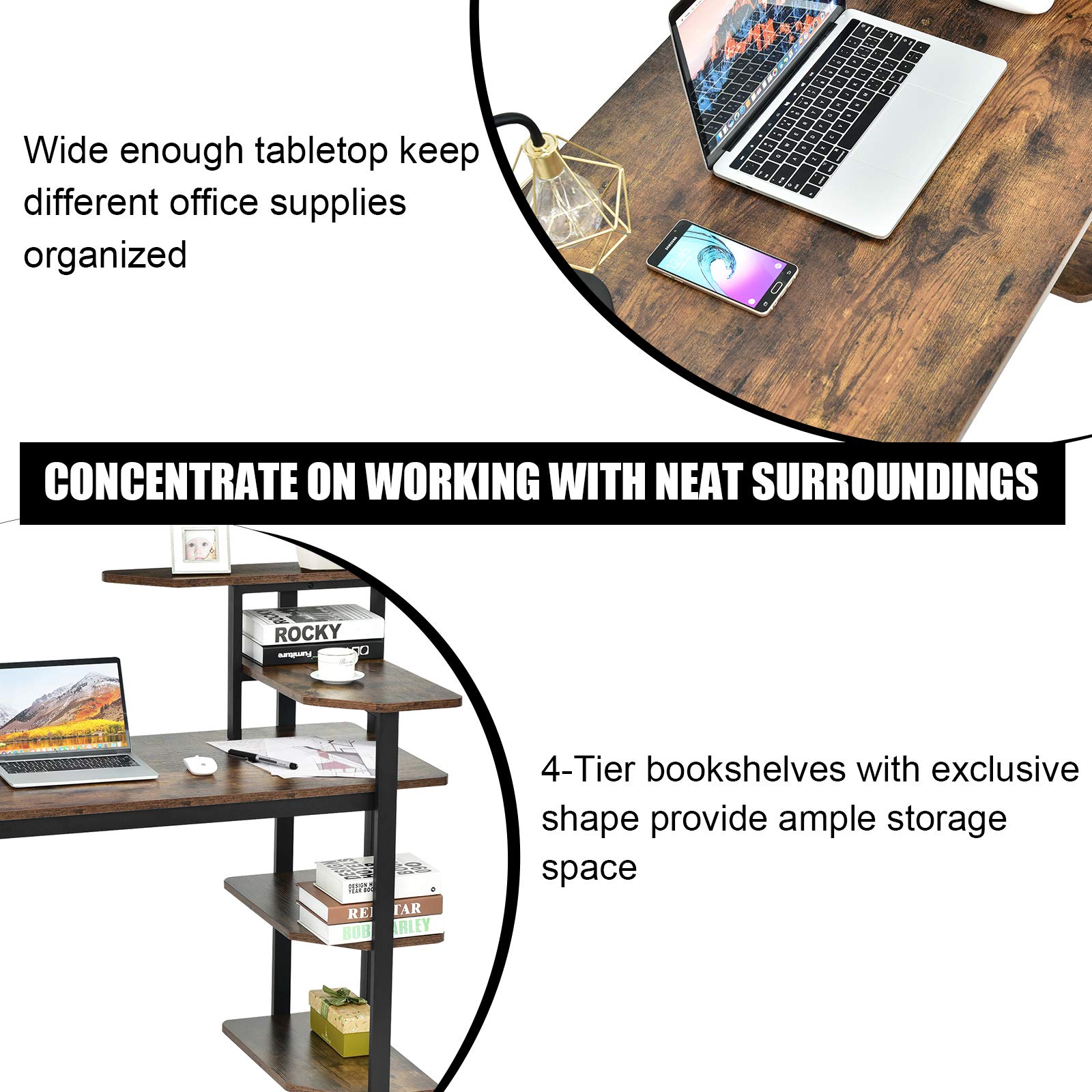 Tangkula 48 Inch Industrial Computer Desk with 4-Tier Storage Shelves - Sturdy Wooden Writing Study Table with Bookshelf, Spacious Work Surface & Metal Frame - Perfect for Home Office, Gaming Setup, and Remote Workstation