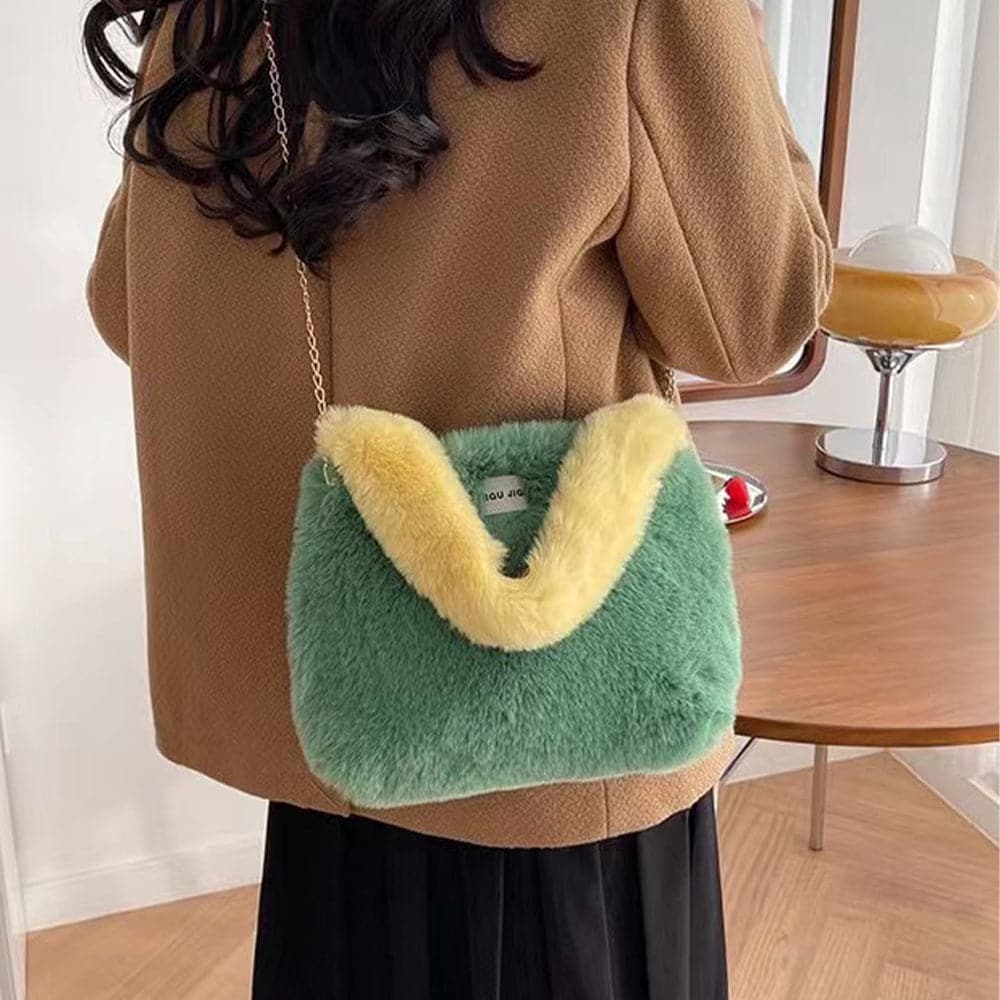 AG Collective Faux Fur Shoulder Crossbody Bag with Chain Strap - Fluffy Women's Handbag for Casual Outings, Parties & Winter Fashion Accessories