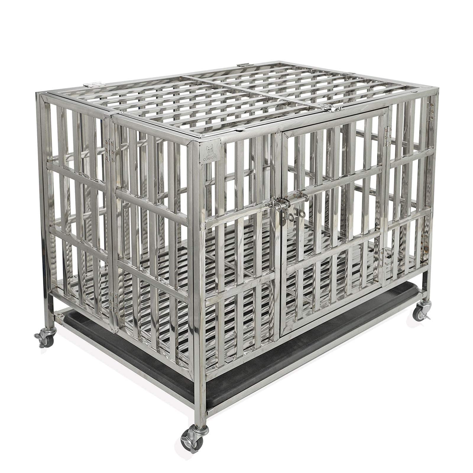 Heavy Duty Stainless Steel Dog Crate Kennel - Indoor & Outdoor Metal Cage for Small Medium Large Dogs | Double Door Design with Lockable Wheels & Removable Tray | Perfect for Training, Travel, Home & Backyard Use
