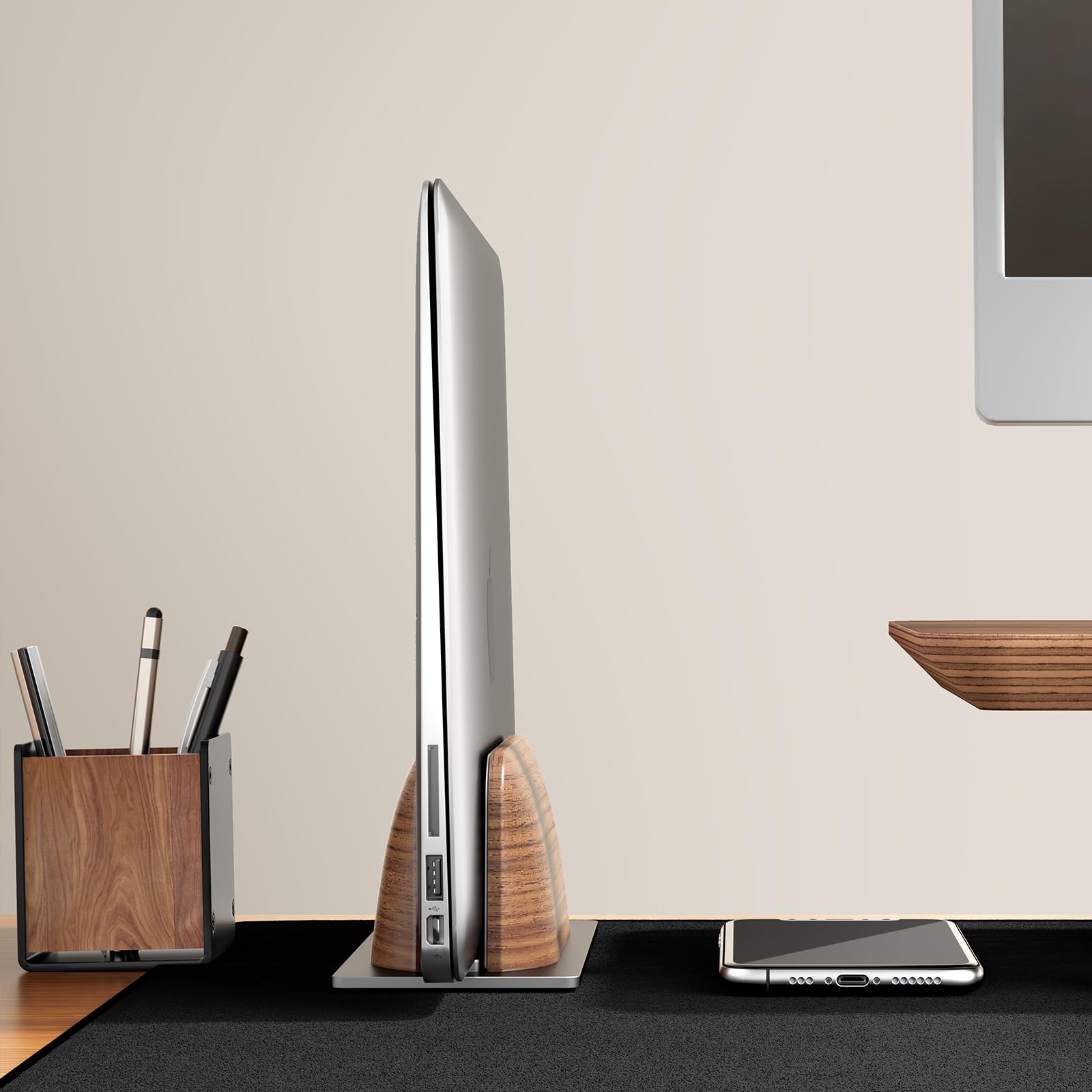 Premium Vertical Laptop Stand for Desk - Black Walnut Wood Laptop Holder Dock for MacBook Pro/Air & All 13-17