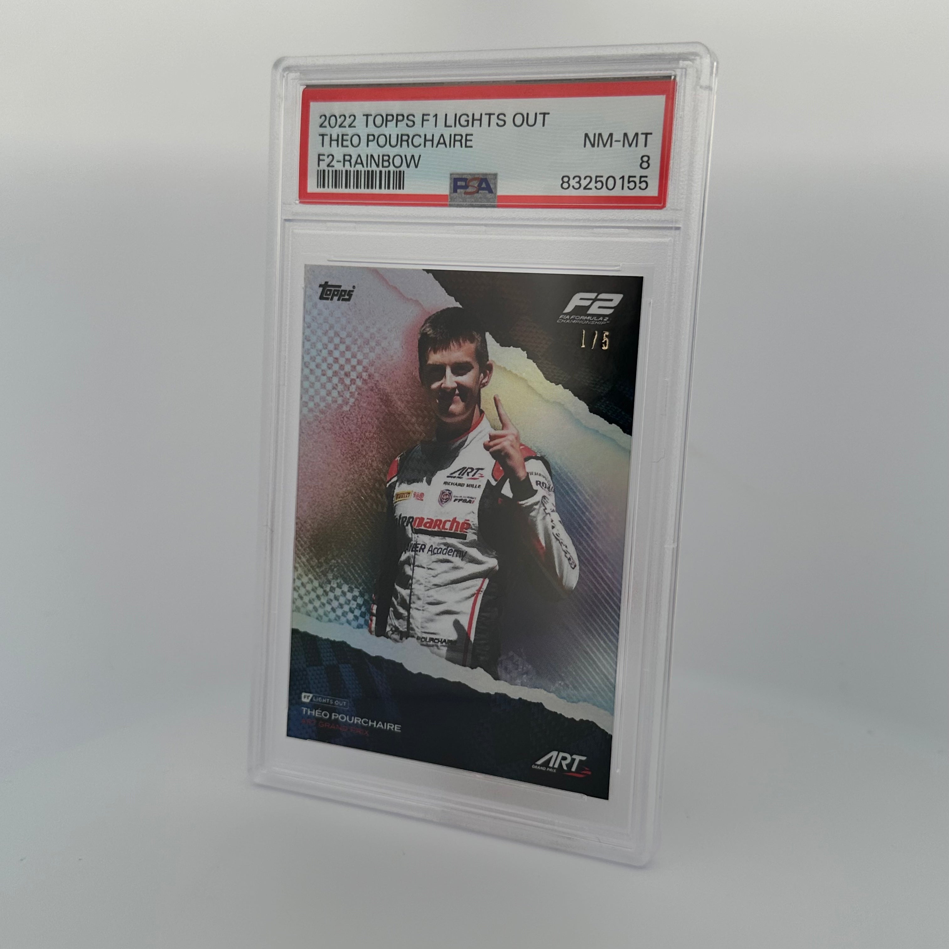 PSA 8 Graded 1/5 Theo Pourchaire F2 Rainbow Racing Card - Collectible Motorsport Memorabilia for Fans & Investors | Perfect for Display, Trading, and Portfolio Diversification