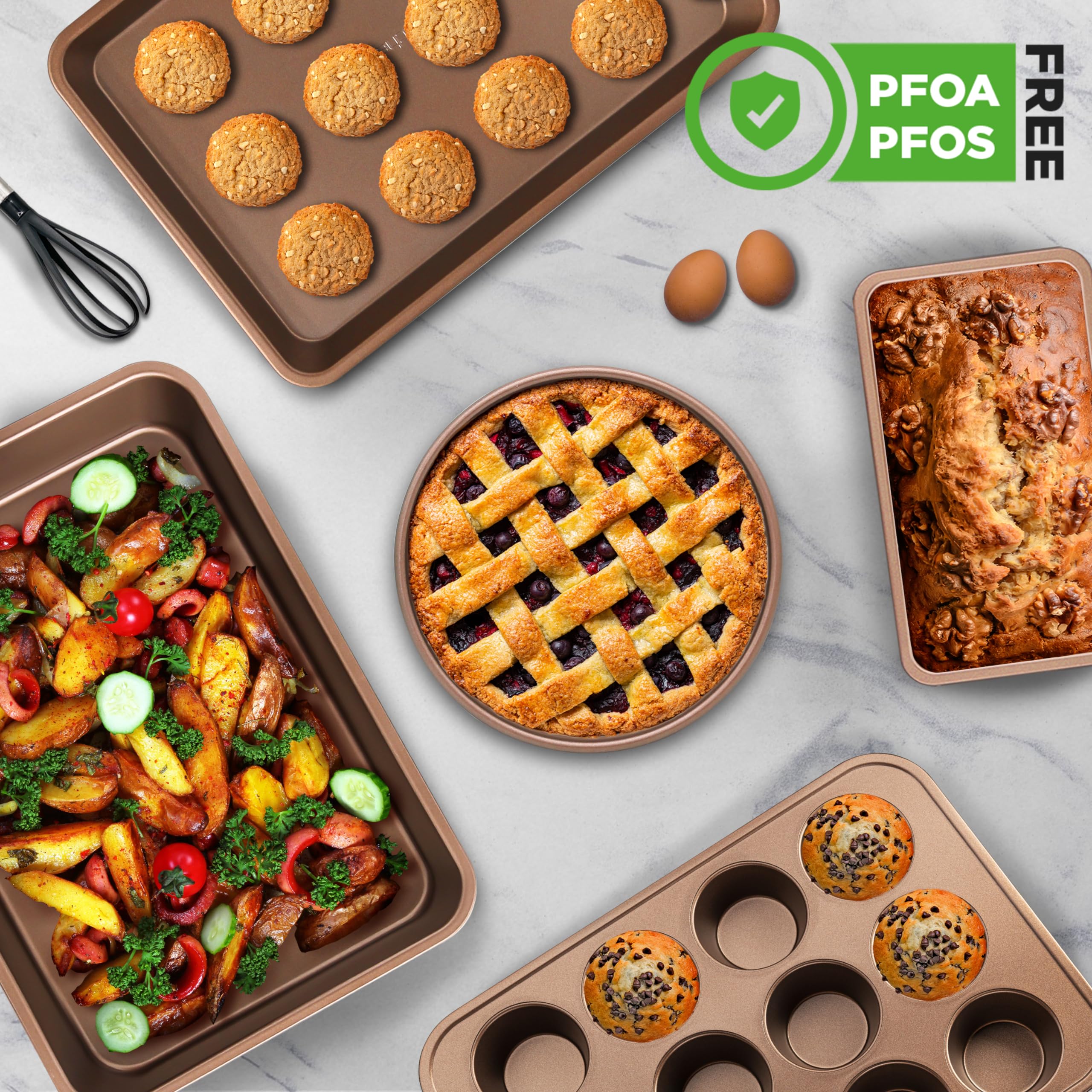 NutriChef 6-Piece Nonstick Bakeware Set - Carbon Steel Baking Pans with Cookie Sheets, Square Pan, Loaf Pan, Round Cake Pan & Muffin Tin - Gold Kitchen Essentials for Baking Cookies, Bread, Cakes & Cupcakes at Home