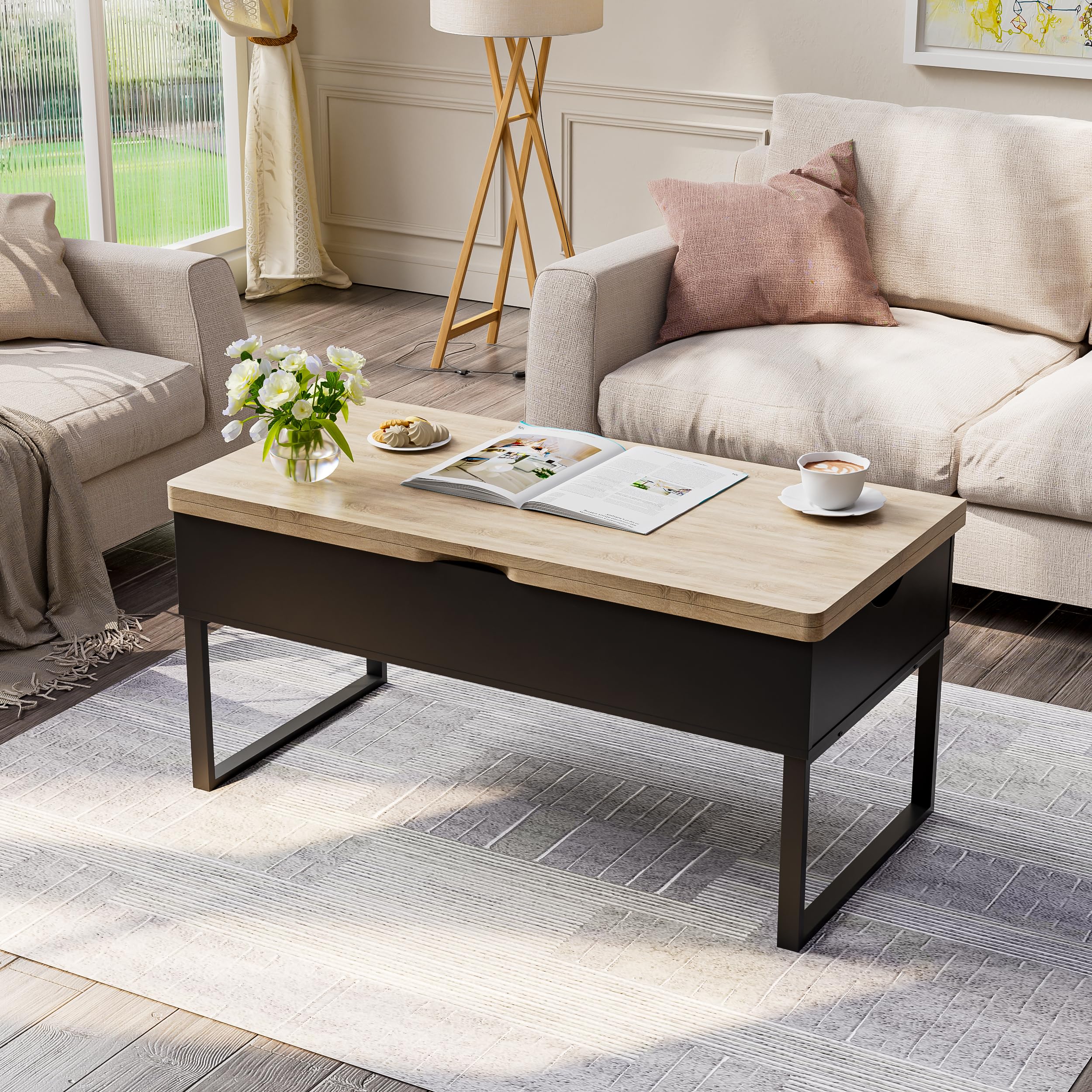 JoliJour Modern Lift-Top Coffee Table with Hidden Storage Compartment - Industrial Brown Living Room & Bedroom Side Table | Perfect for Small Spaces, Entertaining Guests, and Storing Remote Controls