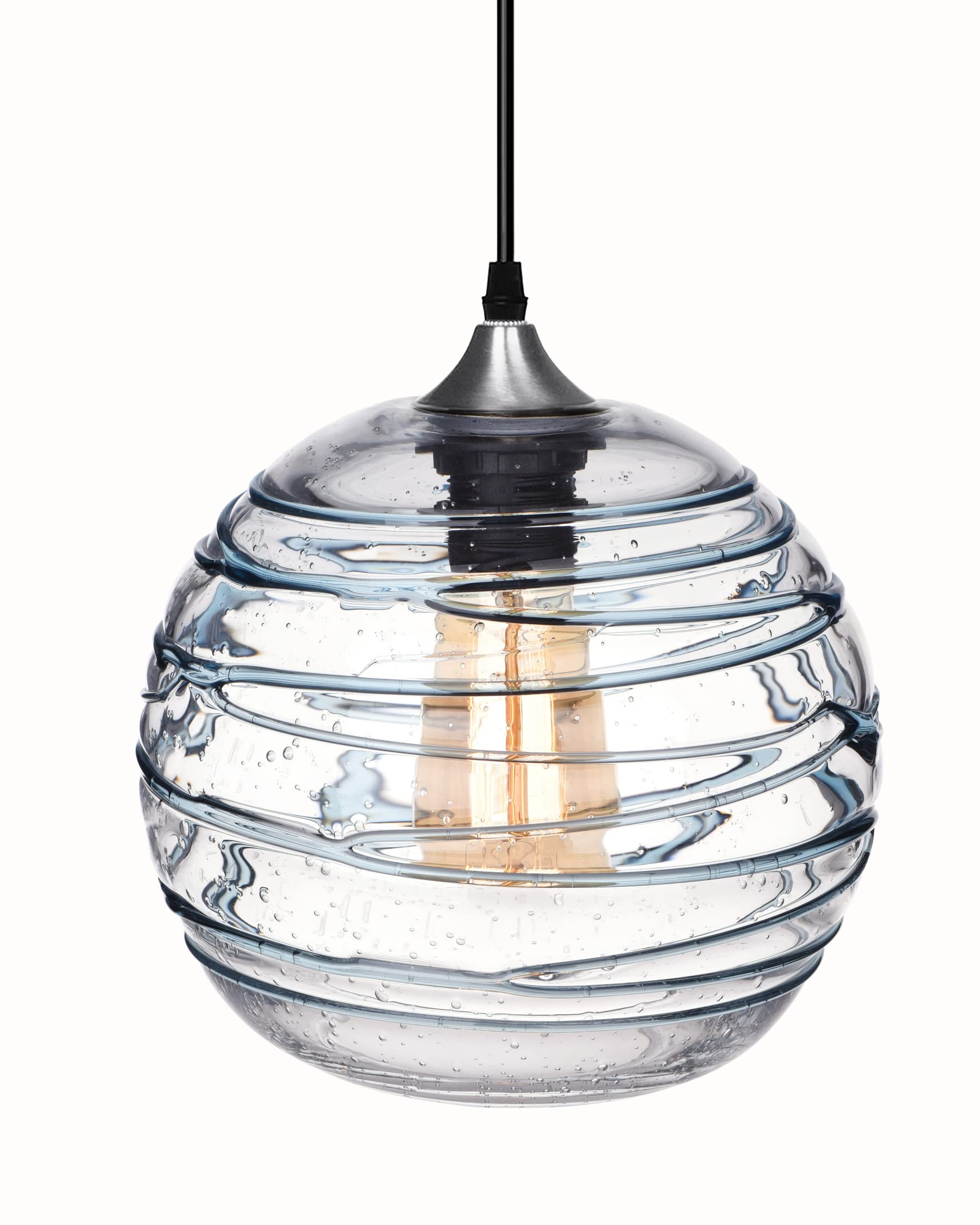 ARIAMOTION 9 Inch Blue Stripe Seeded Glass Pendant Light - Modern Coastal Style Kitchen Island Lighting for Beach House, Dining Room & Sink - Hand Blown Globe Fixture | Perfect for Coastal Decor, Farmhouse Kitchens & Breakfast Nooks