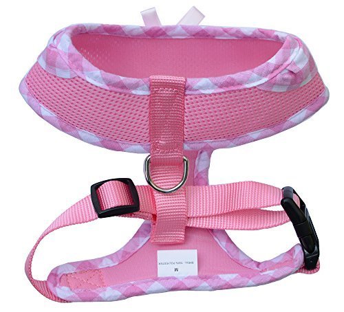 Lanyarco Pink Plaid Mesh Soft Dog Harness - No Pull Walking Harness for Medium Dogs, Adjustable (Neck 14
