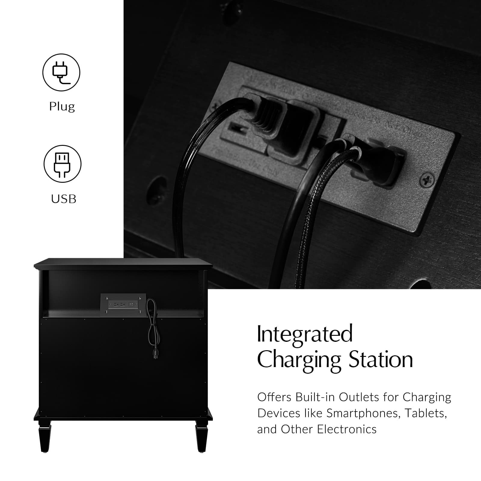 Isidro Accent Chest of Drawers with USB Charging Station - Modern Bedroom Dresser with 3 Drawers & Built-in Power Outlets - Perfect for Bedside Storage & Device Charging in Home, Office or Dorm Room