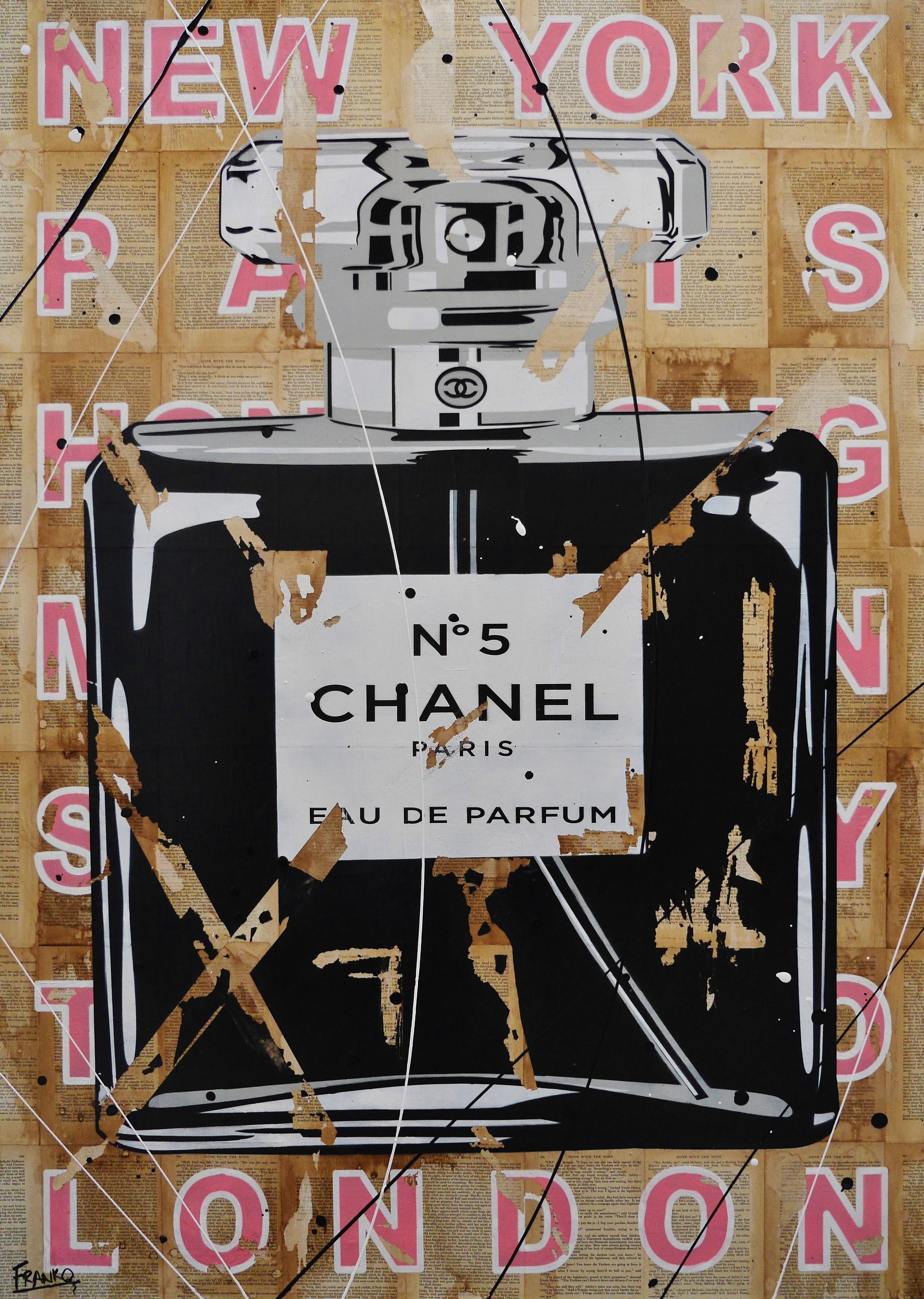 Chanel Perfume Bottle Urban Pop Art Painting - 140cm x 100cm Large Canvas Wall Decor for Living Room, Bedroom & Book Club | Ripped Fragrances Style