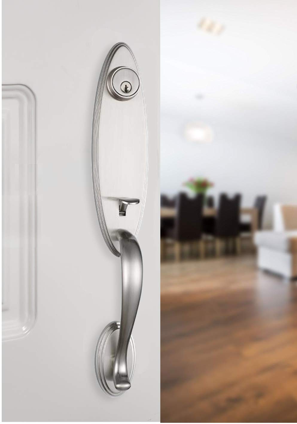 NB_Hardware Single Cylinder Satin Nickel Front Door Handleset - Reversible Right/Left Hand Exterior Door Knob with G-Grip & Keyed Lockset (2006SN) | Perfect for Home Entry Doors, Bedrooms & Office Security