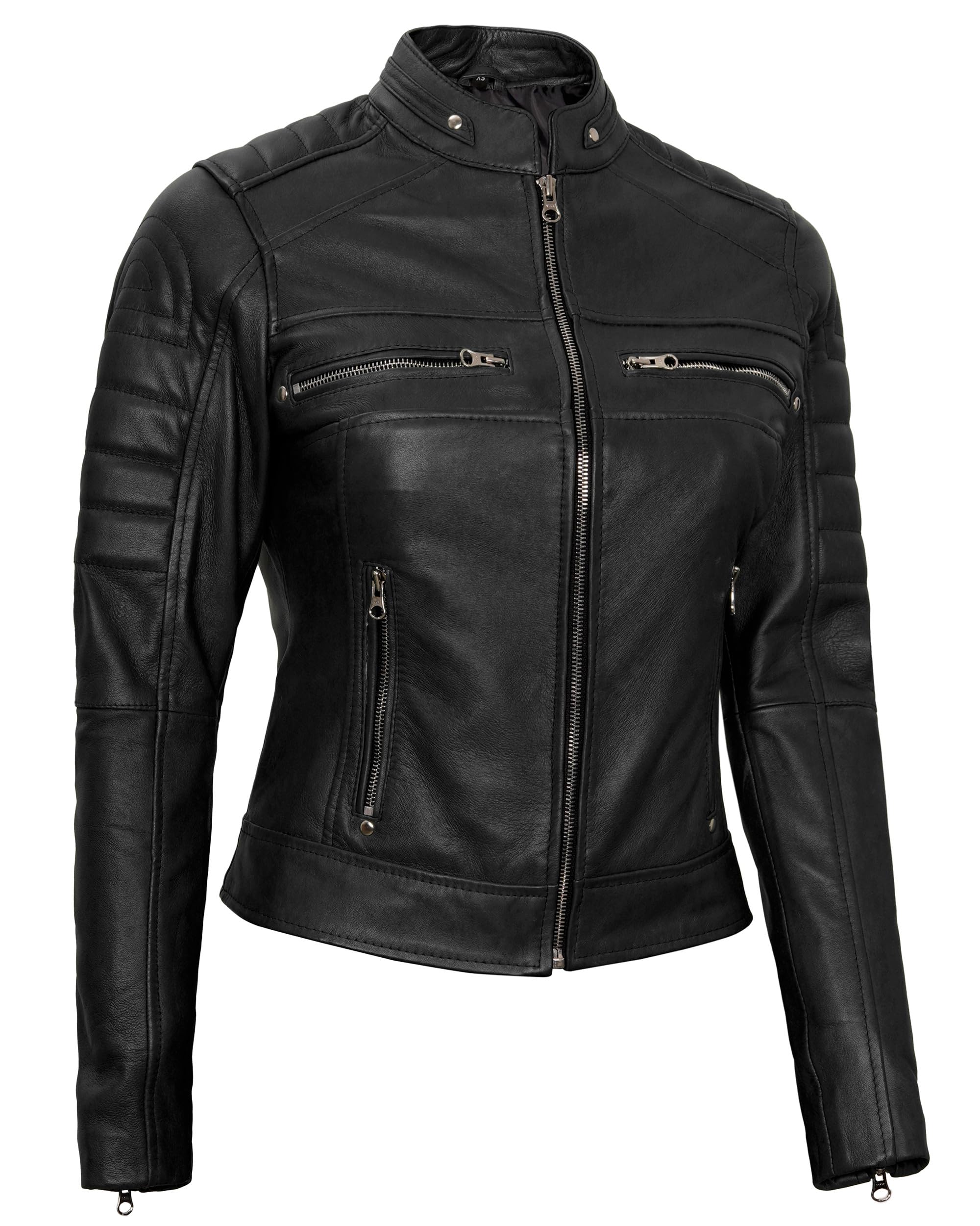 Genuine Leather Motorcycle Jacket for Women - Cafe Racer Style with Stand Collar, Natural Grain, Premium Biker Jacket for Riding & Casual Wear