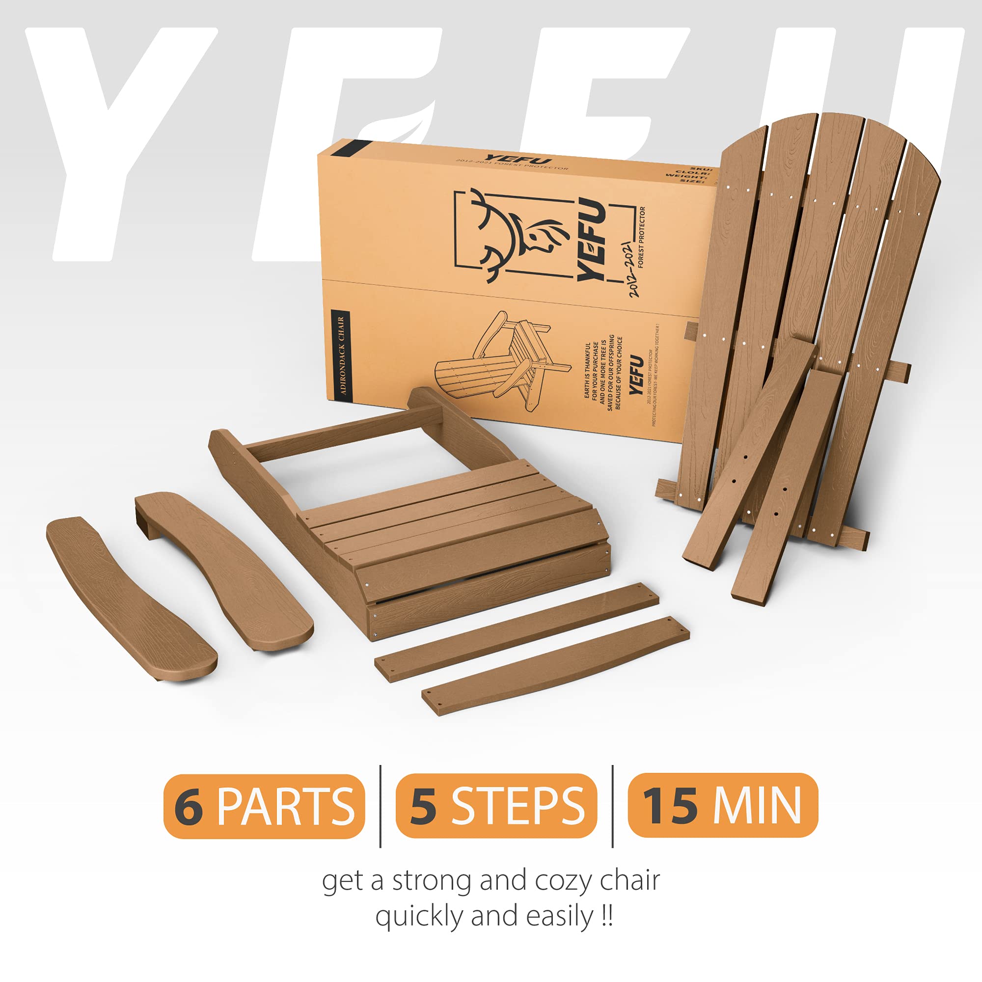 YEFU 2-Piece Adirondack Chair Set - Durable HIPS Plastic Outdoor Chairs with Wood Grain Texture - Patio, Lawn, Deck, Garden, Fire Pit Seating for Adults (Teak Brown) - Perfect for Backyard Relaxation & Outdoor Gatherings