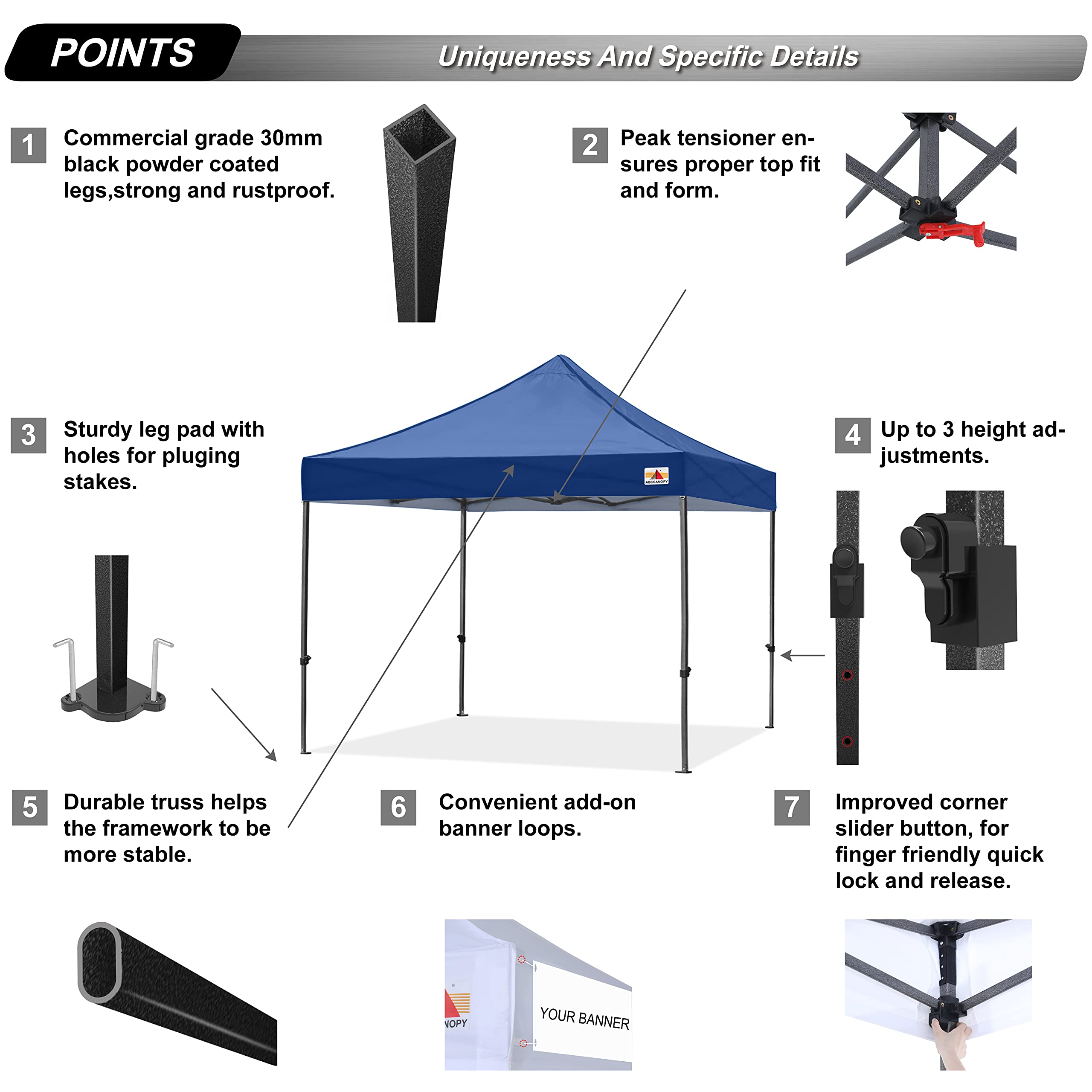ABCCANOPY 8x8 Commercial Pop Up Canopy Tent - Navy Blue Outdoor Instant Shelter for Camping, Beach, Picnic, Backyard & Tailgate Parties