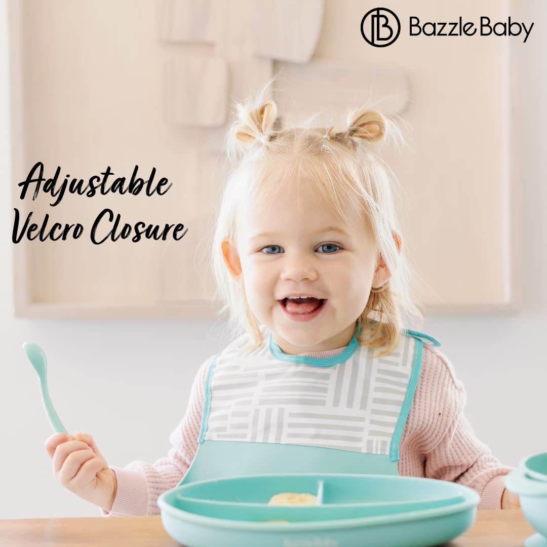 Bazzle Baby Silicone Bibs with Food Catcher - Waterproof 2-Pack for Travel & Storage - Ideal for Messy Eaters