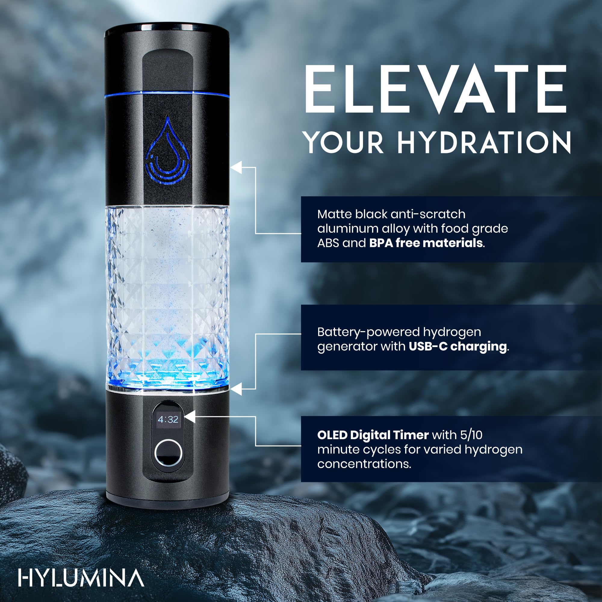 Premium SPE/PEM Hydrogen Water Bottle Generator with OLED Display – 4000ppb Hydrogen Infused Water for Enhanced Hydration – Rechargeable Portable Hydrogen Water Machine (9.5oz) – Perfect for Gym, Travel & Daily Wellness