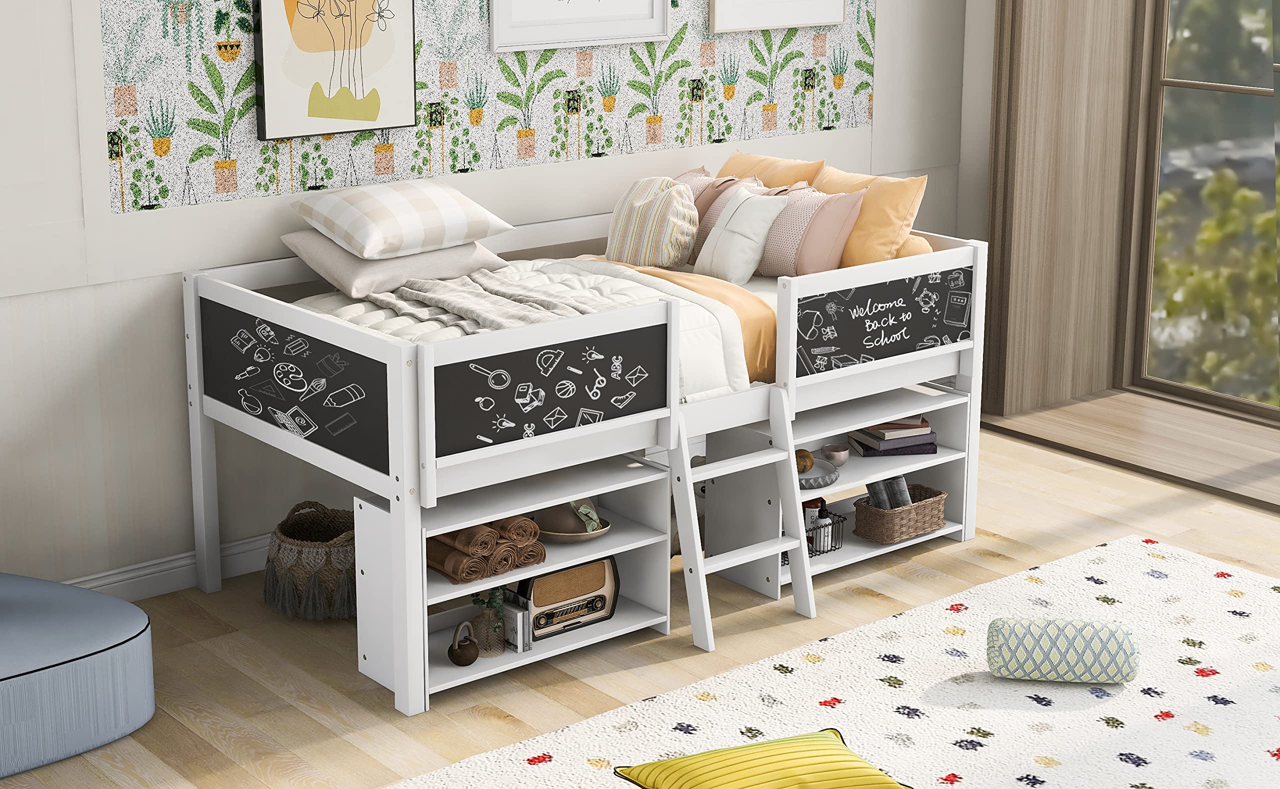 Twin Size Loft Bed with 2 Movable Shelves & Ladder - Wooden Low Frame Kids Bed with Decorative Guardrail & Chalkboard - No Box Spring Needed - White (78.3