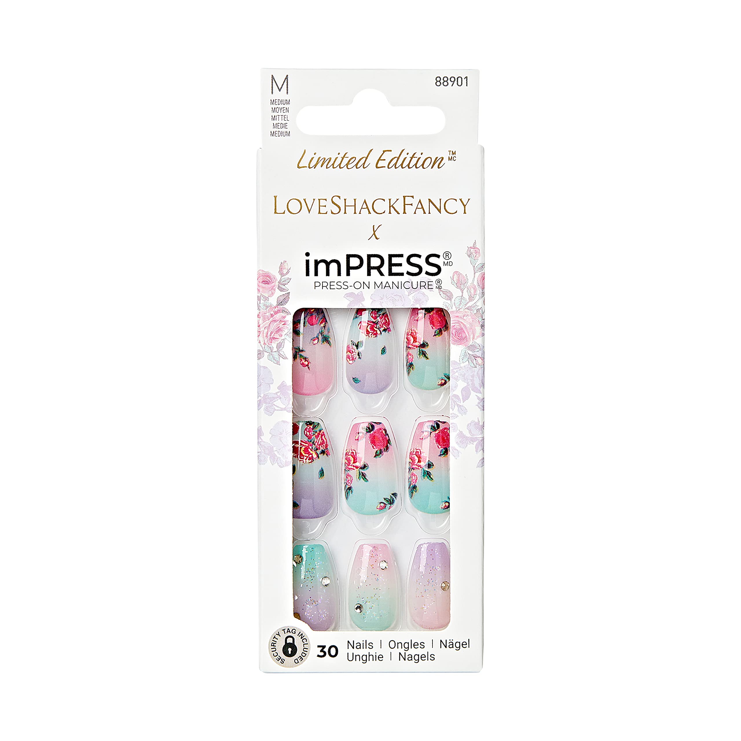 KISS LoveShackFancy x imPRESS Press-On Manicure Set - Limited Edition Lilac Crush Medium Coffin Purple Fake Nails with Prep Pad, Nail File & Cuticle Stick (30 Nails) | Perfect for Weddings, Parties & Special Occasions