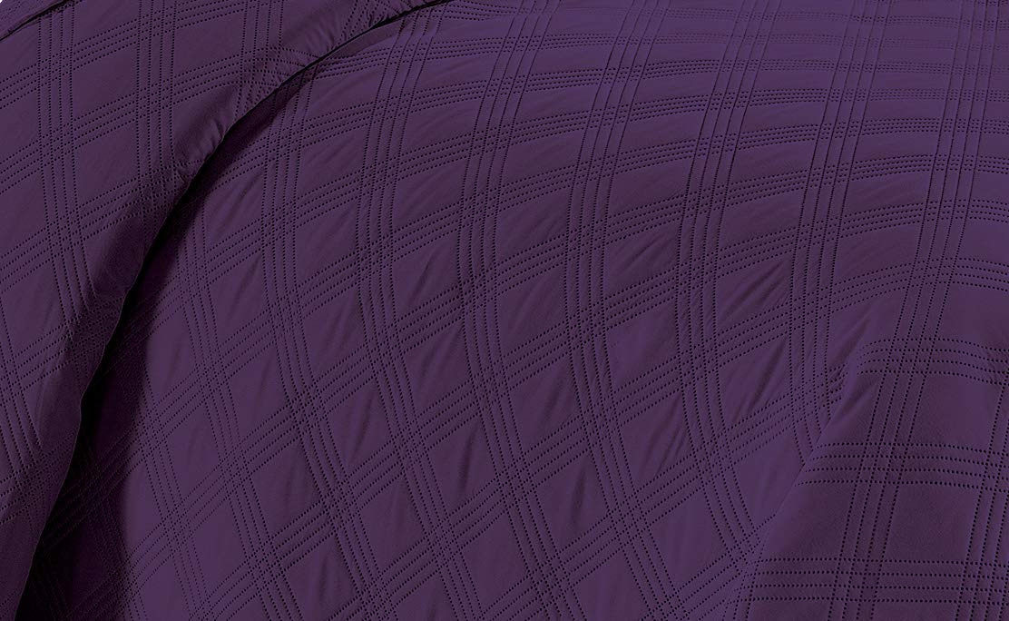 Luxury 3-Piece Linen Bedspread Set - King/California King Size Embossed Square Pattern Modern Bed Cover - Soft Purple Quilted Bedding for Master Bedroom & Guest Room Decor