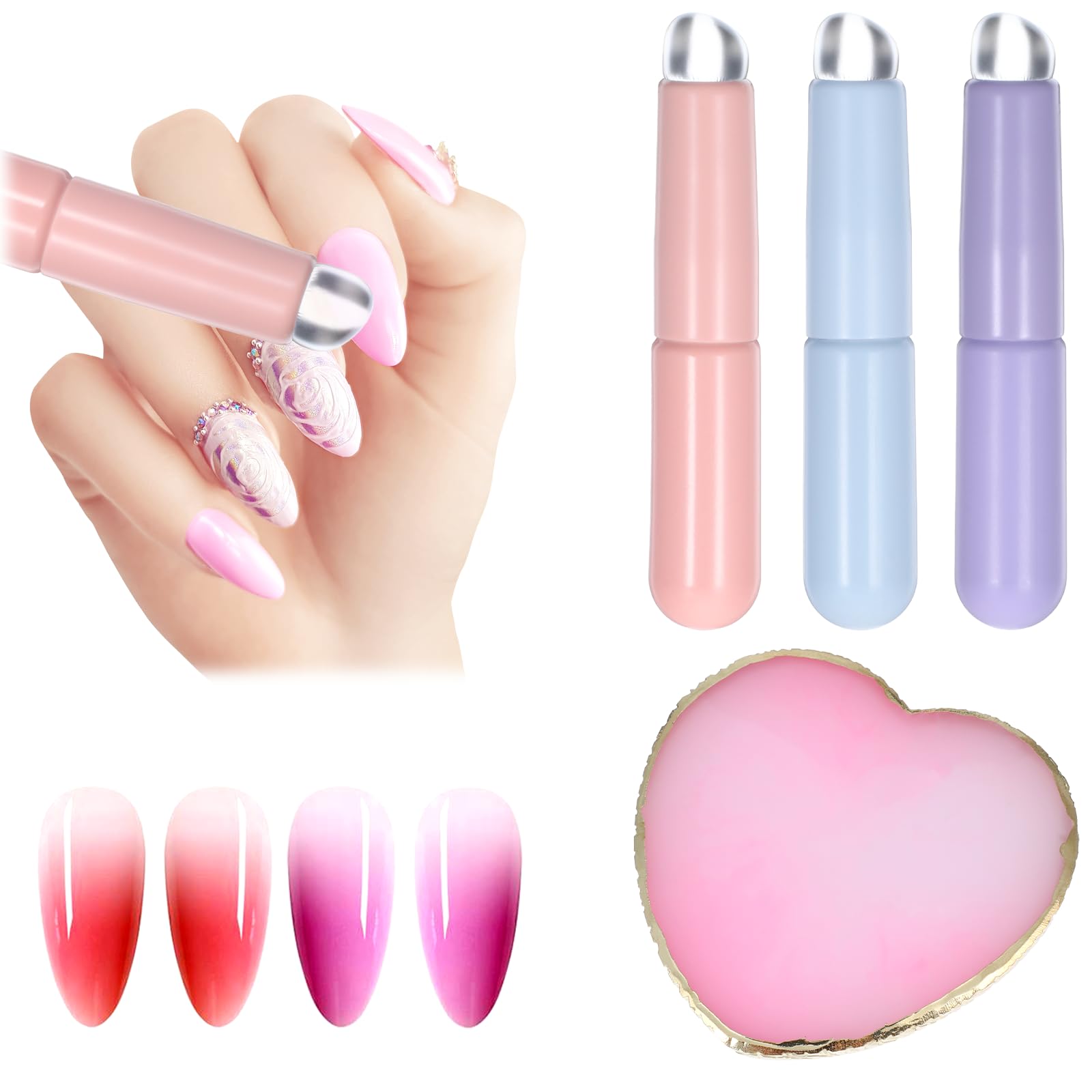 3 Pack Reusable Silicone Nail Powder Applicator & Ombre Gradient Brush Set with Nail Art Mixing Palettes - Professional Nail Art Tools for Salon, Home Manicure & DIY Nail Designs