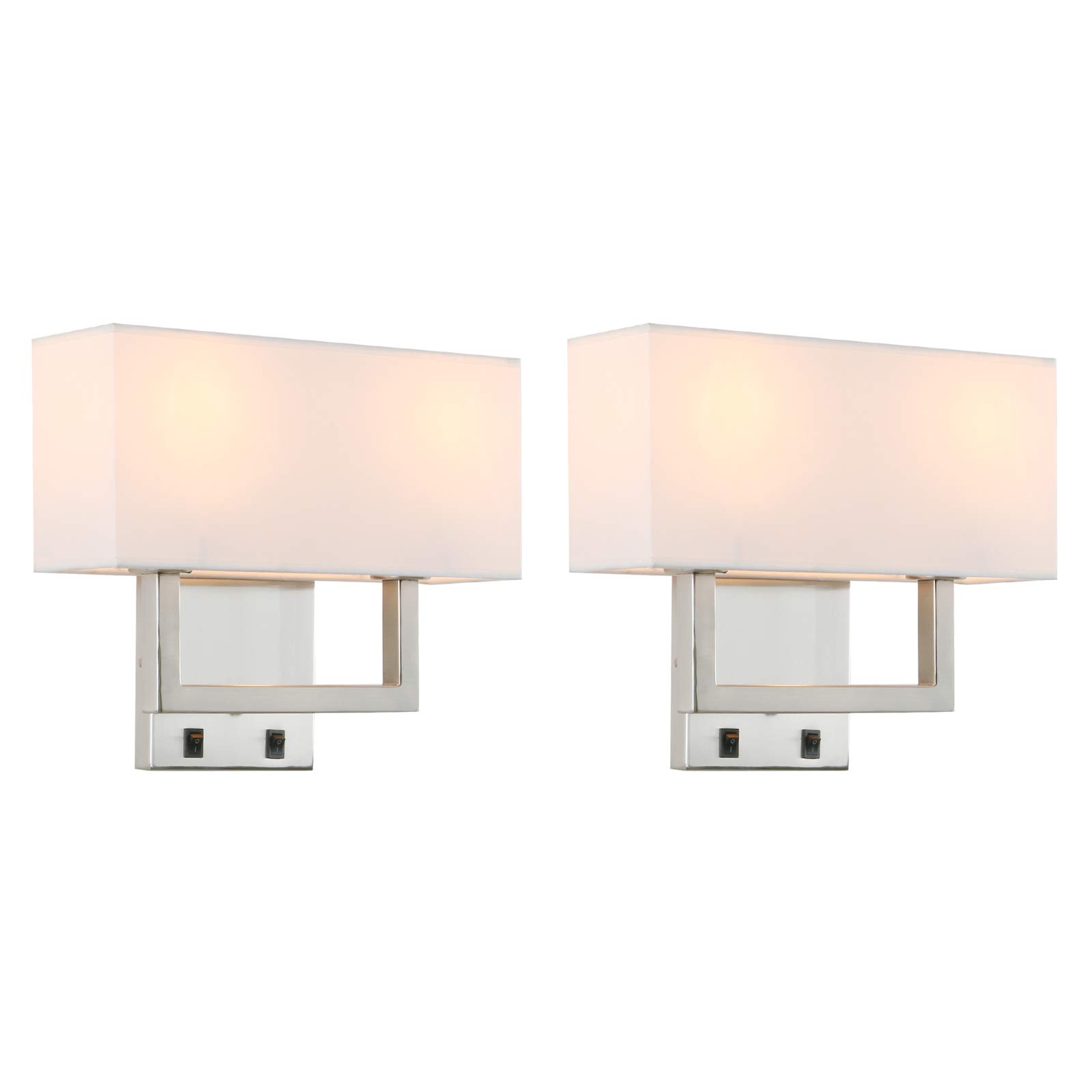 Permo Set of 2 Modern Single Wall Sconce Lights with Twin Head & On/Off Switch - Brushed Nickel Finish & White Fabric Shades - Perfect for Living Room, Bedroom Nightstand or Hallway Lighting