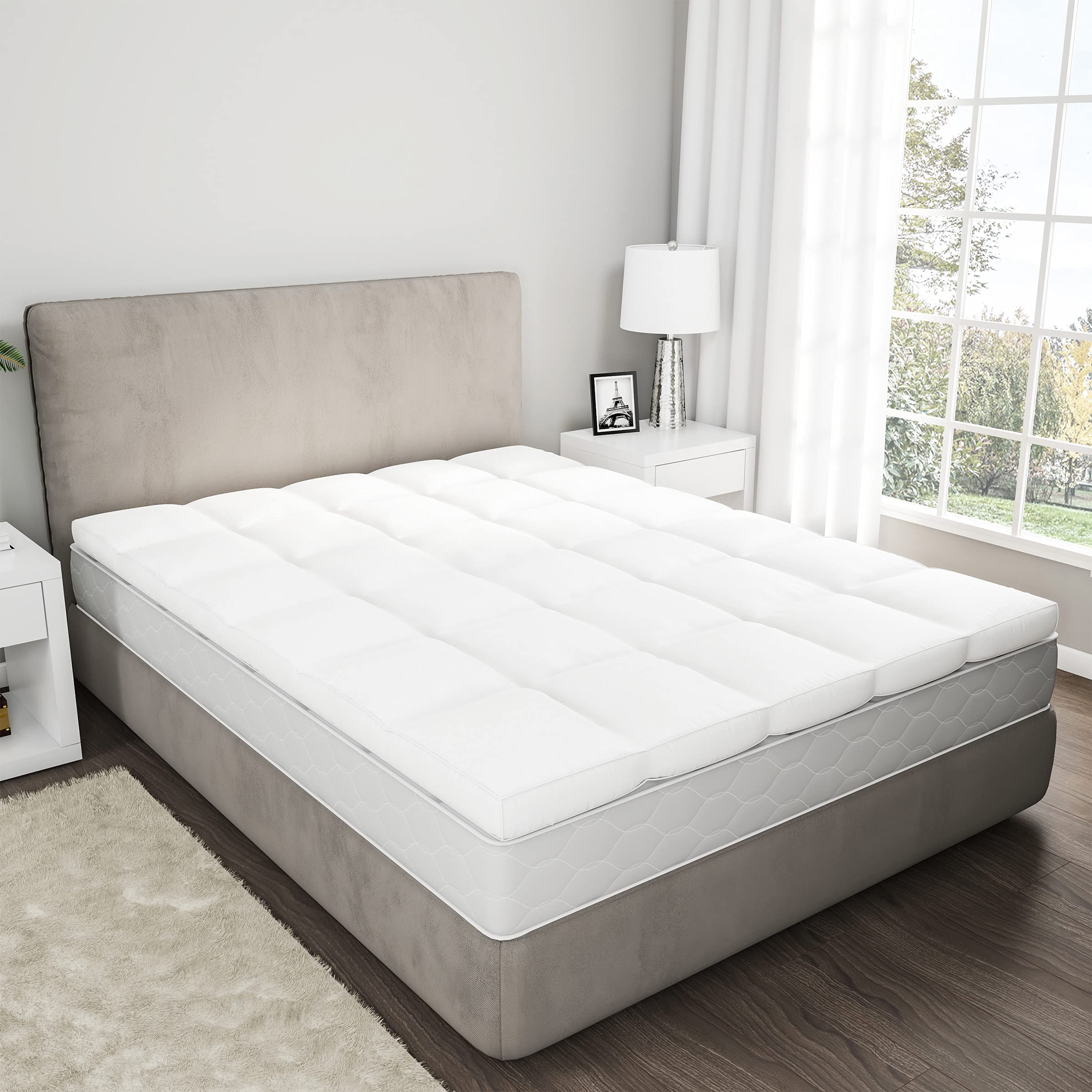 Lavish Home 4-Inch Queen Pillow Top Mattress Topper - Plush & Supportive Baffle Box Down Featherbed with Duck Feathers & Cotton Cover (White) | Perfect for Back Pain Relief, Guest Beds & Luxury Hotel-Style Comfort