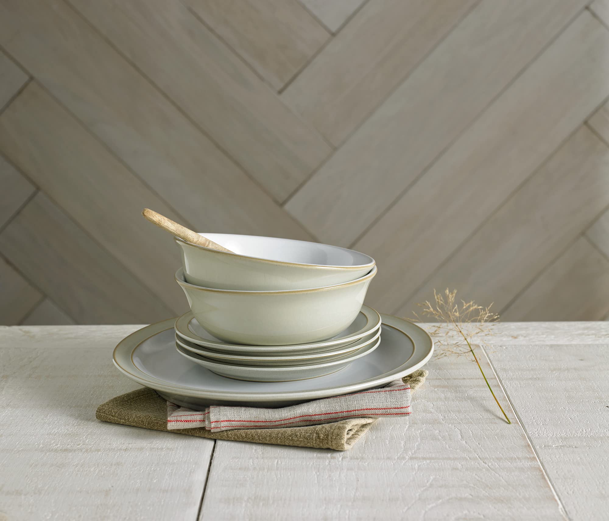 Denby Linen Cream White 4-Piece Ceramic Dinnerware Set - Includes Dinner Plate, Small Plate, Cereal Bowl & Coffee Mug - Dishwasher Safe Stoneware for Everyday Use - Perfect for Home Dining, Entertaining & Gifts