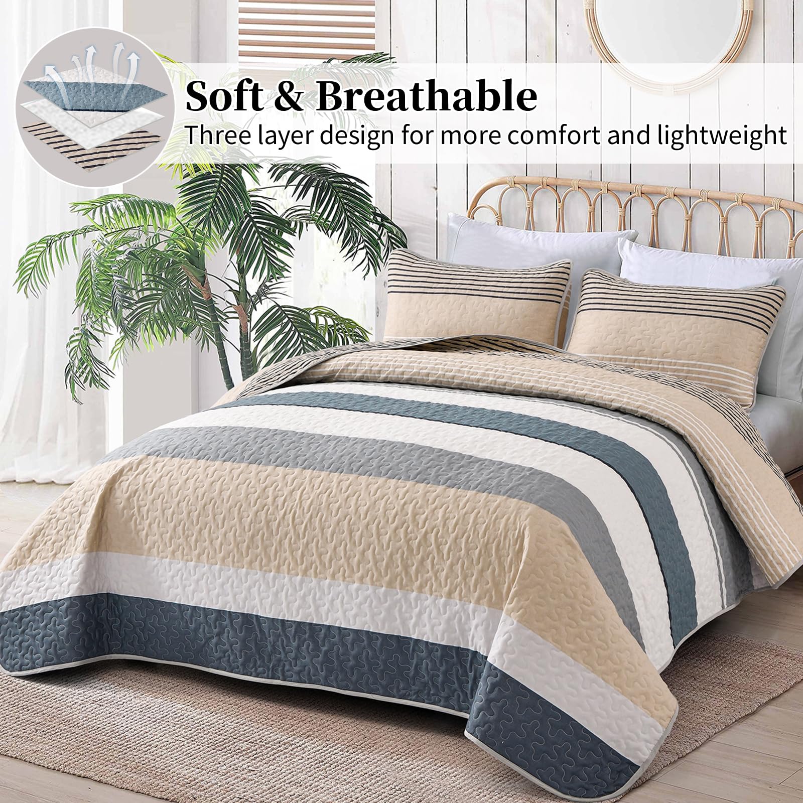 Beige Boho Quilt Queen Size Set - 3 Piece Reversible Microfarmhouse Bedspread with 2 Pillowcases | Khaki Striped Design for All Seasons | Perfect for Farmhouse, Bohemian & Fall Bedroom Decor (Gray Quilt)