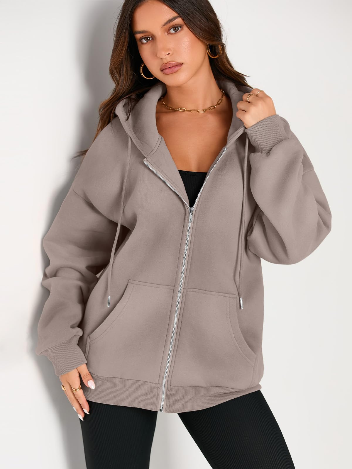 EFAN Women's Oversized Zip Up Hoodie with Drawstring & Pocket - Cute Fall Jacket Casual Sweatshirt for Streetwear, Lounge & Outdoor Activities