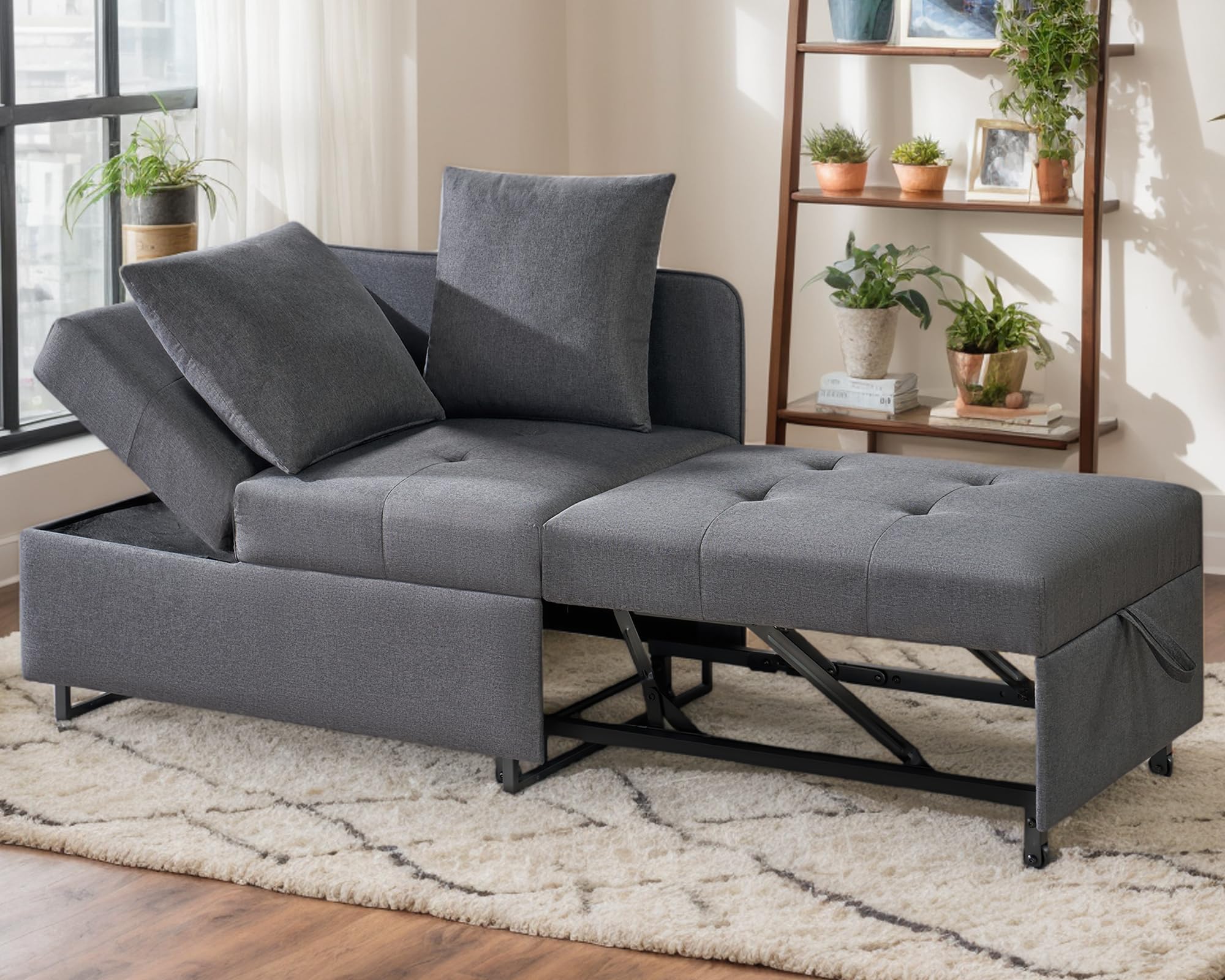 VanAcc 3-in-1 Convertible Sleeper Sofa Bed - Modern Futon Couch with Adjustable Backrest & Armrests, Includes 2 Pillows - Foldable Loveseat for Small Spaces, Apartments, Dorms & Offices (Linen Grey) - Perfect for Guest Sleeping, Lounging & Space Saving Solutions